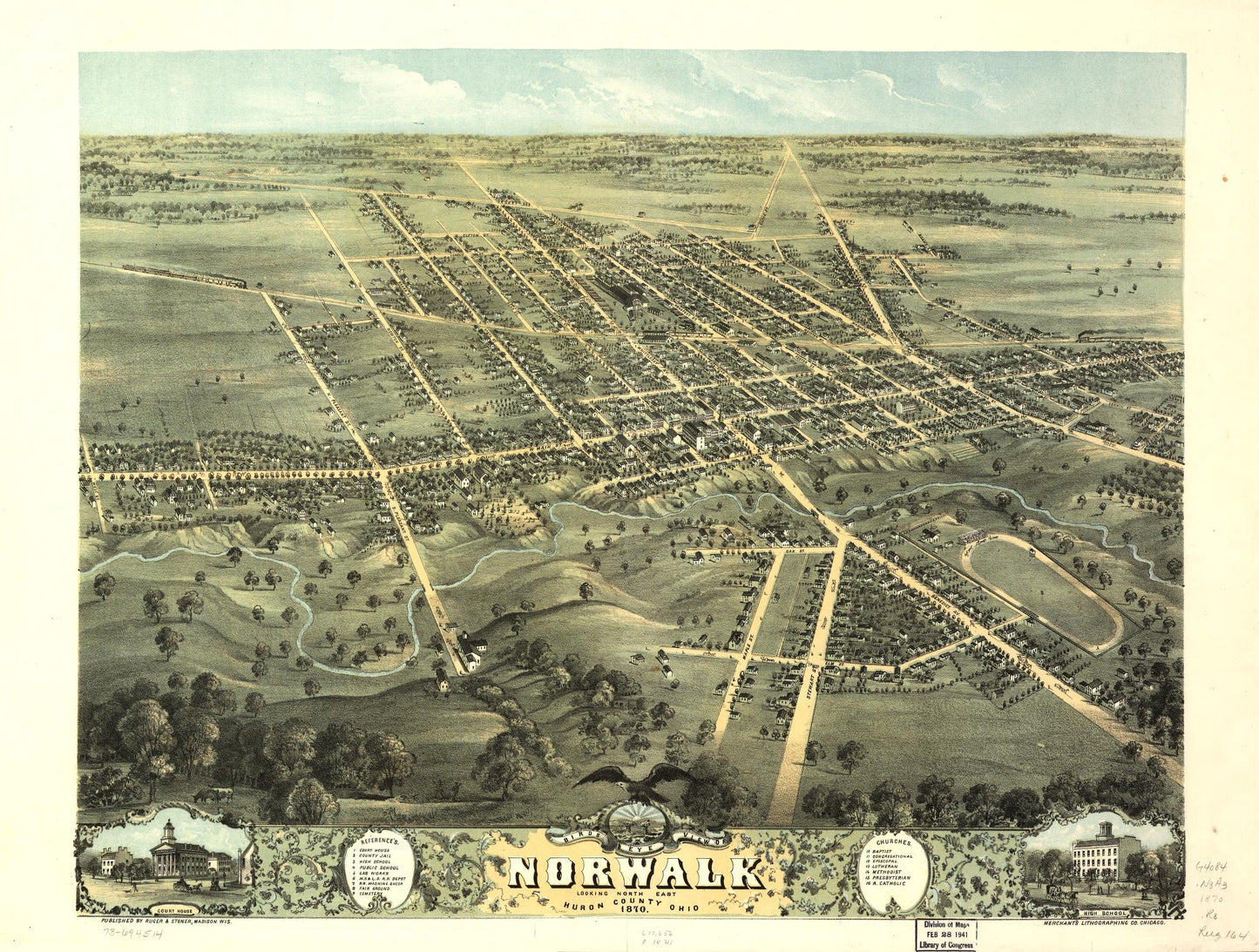 Bird's eye view of Norwalk, Huron County, Ohio 1870. (1870) – Historic Bird’s-Eye View Panorama Print