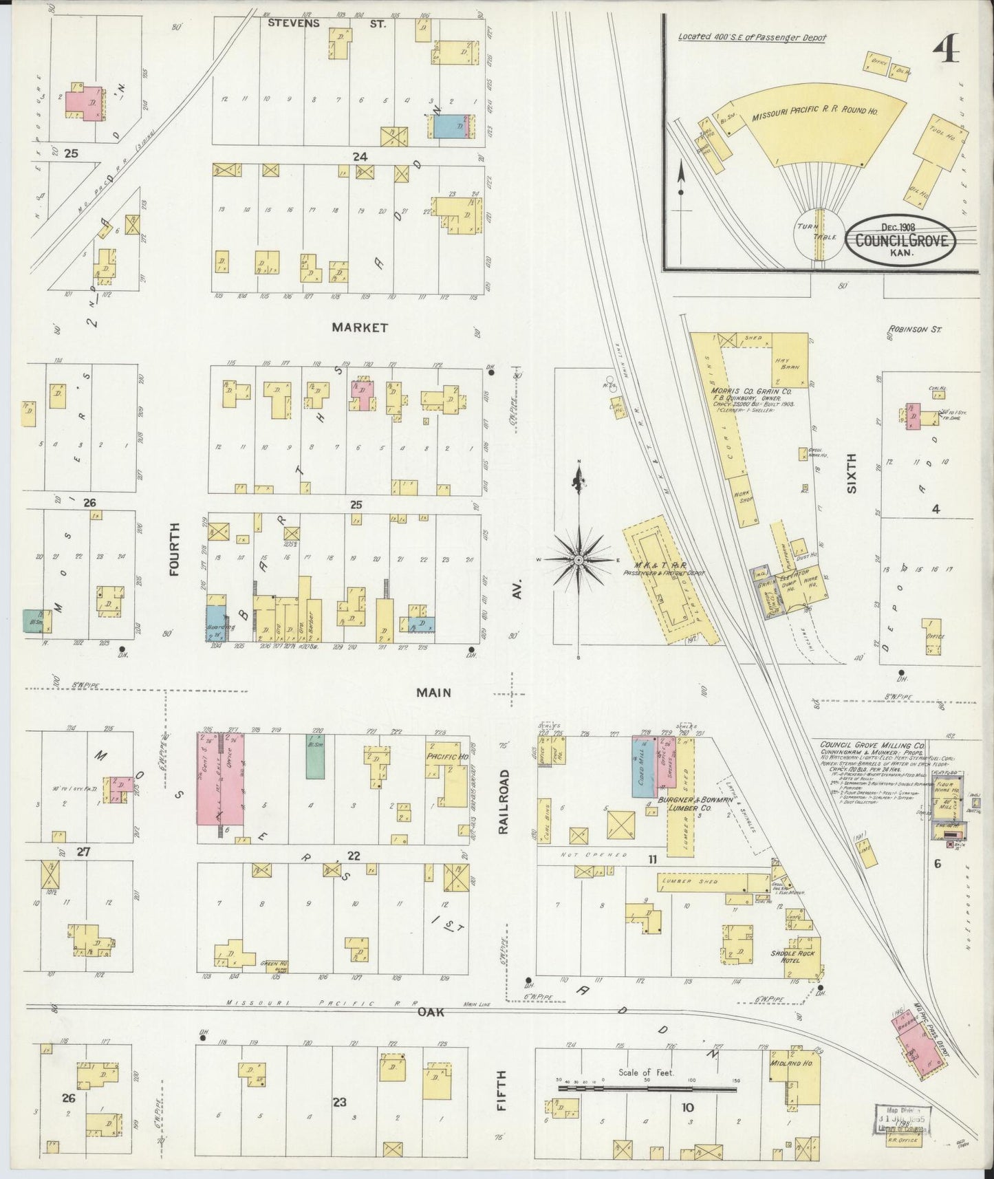 Sanborn Fire Insurance Map from Council Grove, Morris County, Kansas (1908), Sheet #0004 - Historic Sanborn Fire Insurance Map Print, vintage old map wall art, antique decor, genealogy gift, Kansas Kansas map