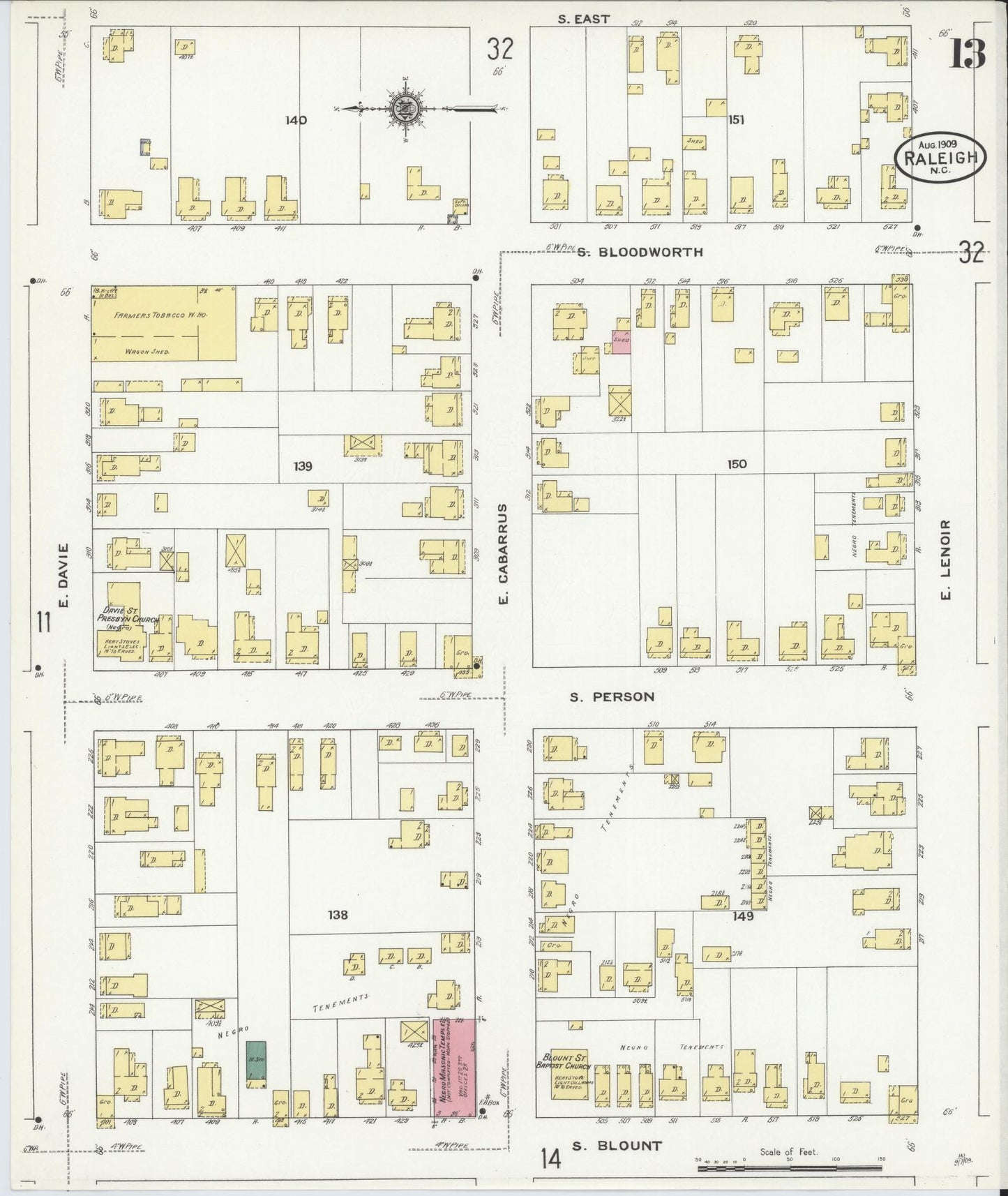 Sanborn Fire Insurance Map from Raleigh, Wake County, North Carolina (1909), Sheet #0013 - Historic Sanborn Fire Insurance Map Print, vintage old map wall art, antique decor, genealogy gift, North Carolina North Carolina map