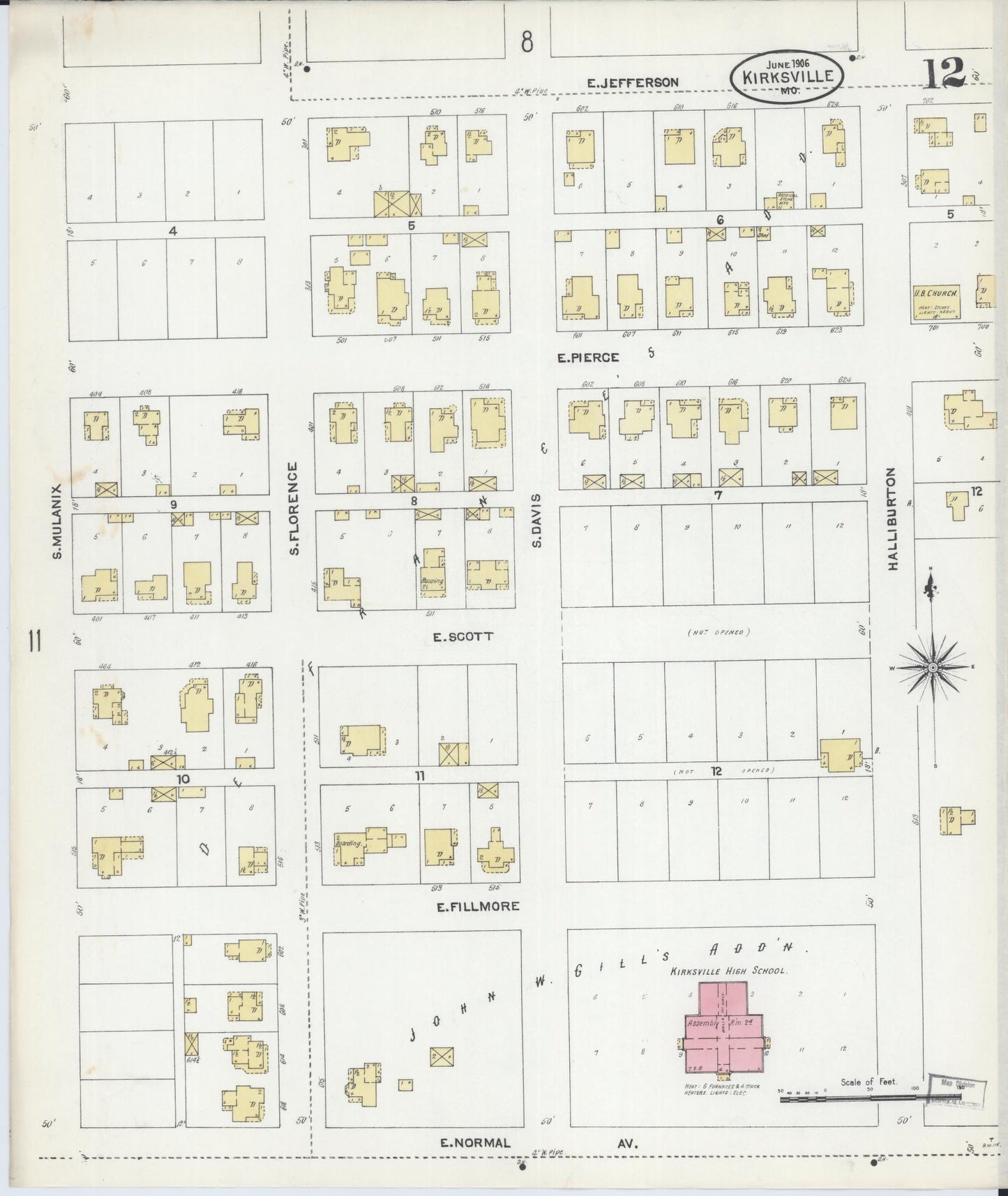 Sanborn Fire Insurance Map from Kirksville, Adair County, Missouri (1906), Sheet #0012 - Historic Sanborn Fire Insurance Map Print, vintage old map wall art, antique decor, genealogy gift, Missouri Missouri map