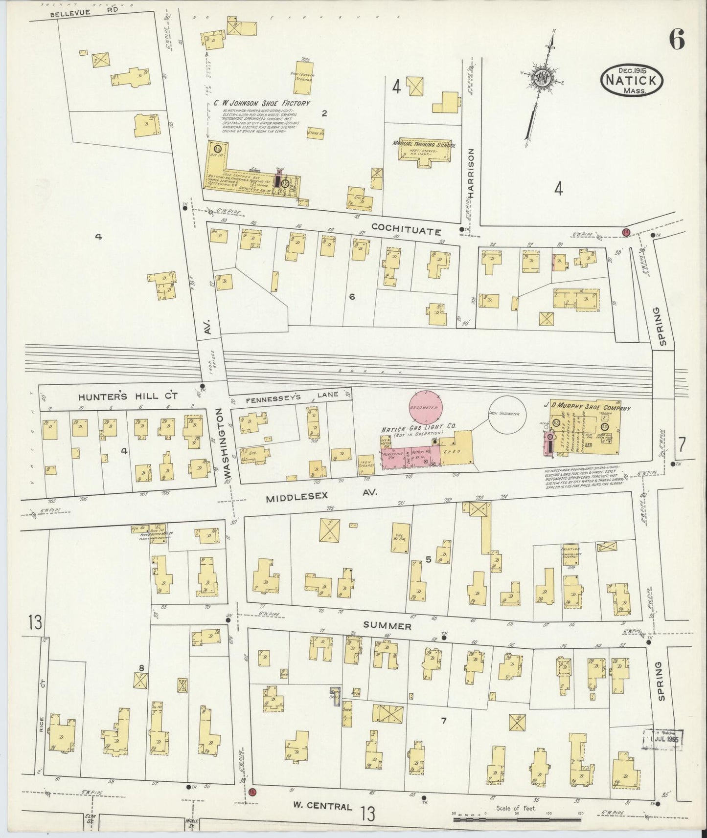 Sanborn Fire Insurance Map from Natick, Middlesex County, Massachusetts (1915), Sheet #0006 - Historic Sanborn Fire Insurance Map Print, vintage old map wall art, antique decor, genealogy gift, Massachusetts Massachusetts map