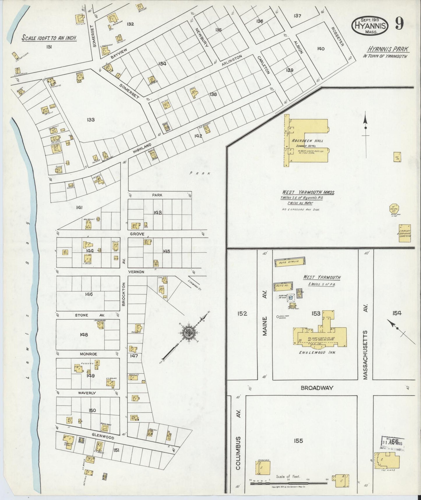 Sanborn Fire Insurance Map from Hyannis, Barnstable County, Massachusetts (1919), Sheet #0009 - Complete Map Set gallery image, historic Sanborn map, vintage wall art, Massachusetts Massachusetts