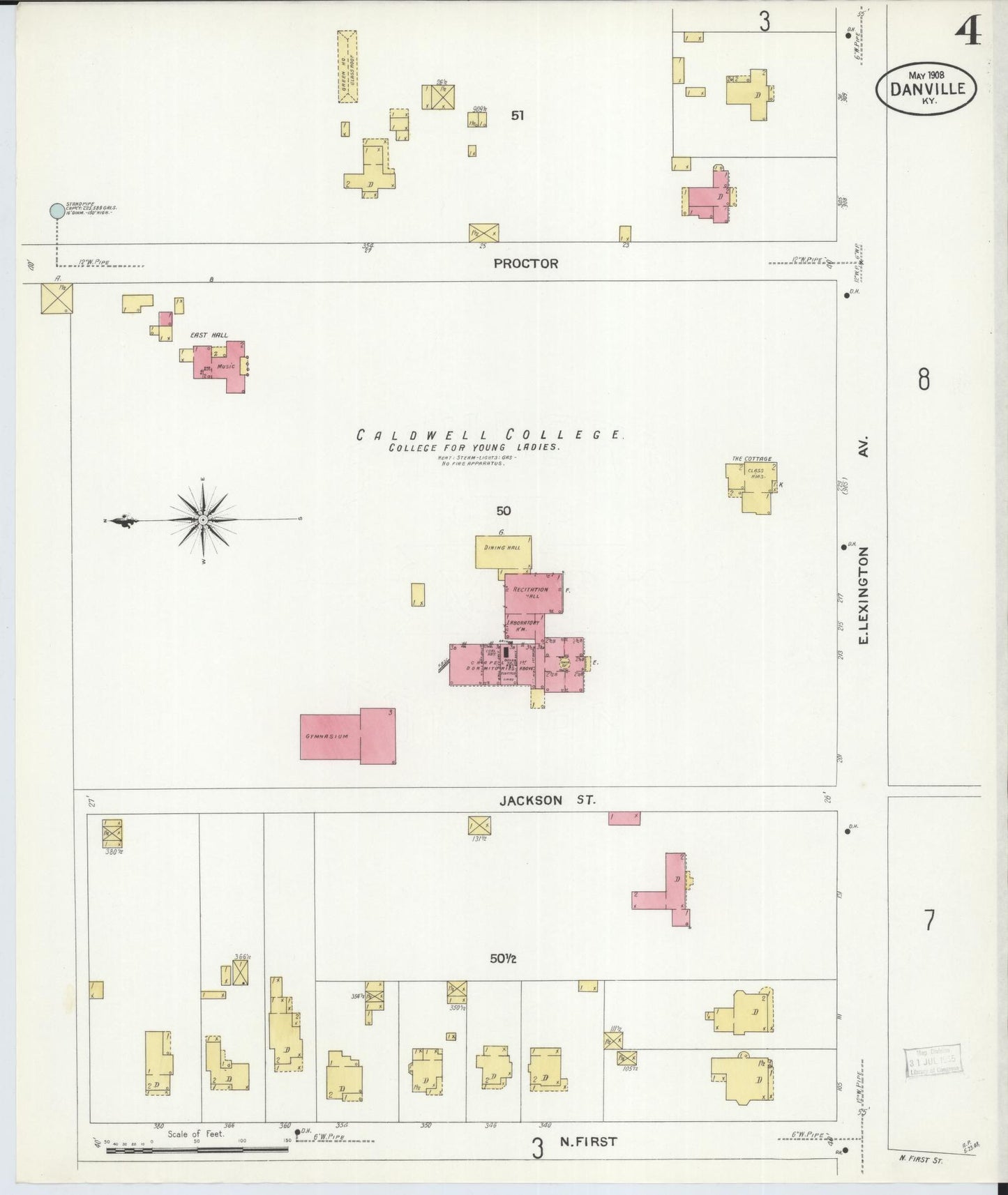 Sanborn Fire Insurance Map from Danville, Boyle County, Kentucky (1908), Sheet #0004 - Historic Sanborn Fire Insurance Map Print, vintage old map wall art, antique decor, genealogy gift, Kentucky Kentucky map