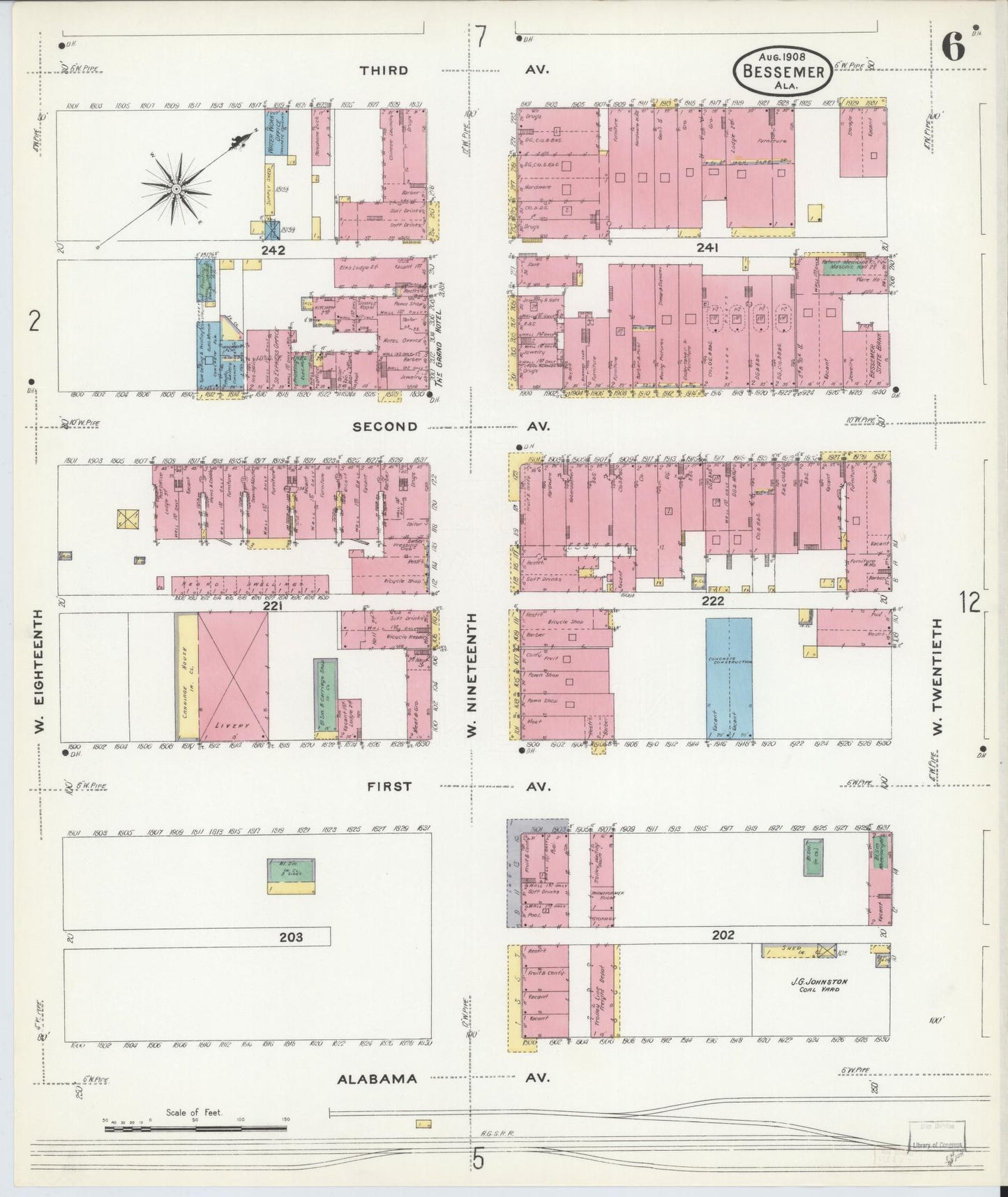 Sanborn Fire Insurance Map from Bessemer, Jefferson County, Alabama (1908), Sheet #0006 - Historic Sanborn Fire Insurance Map Print, vintage old map wall art, antique decor, genealogy gift, Alabama Alabama map