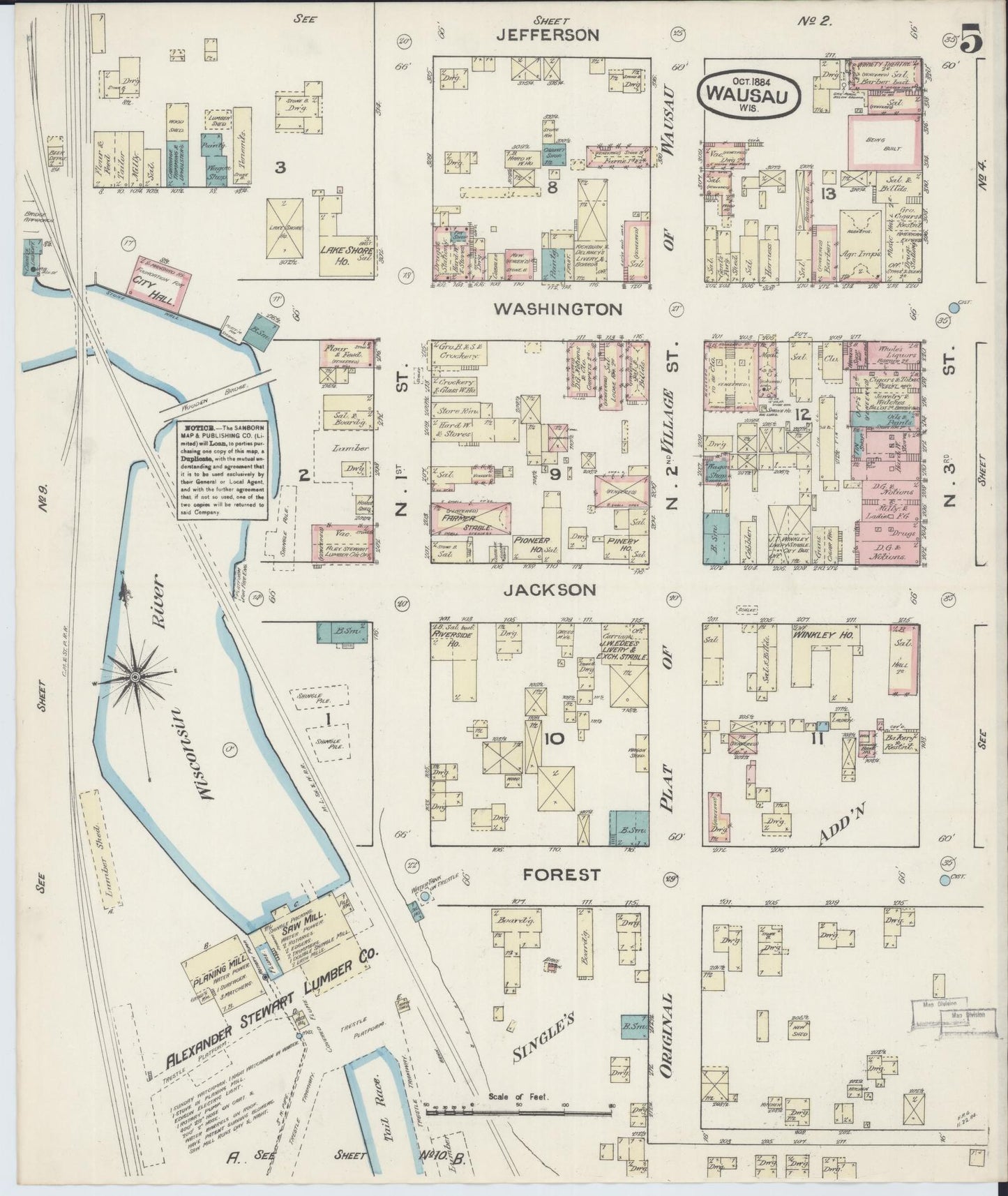 Sanborn Fire Insurance Map from Wausau, Marathon County, Wisconsin (1884), Sheet #0005 - Historic Sanborn Fire Insurance Map Print, vintage old map wall art, antique decor, genealogy gift, Wisconsin Wisconsin map