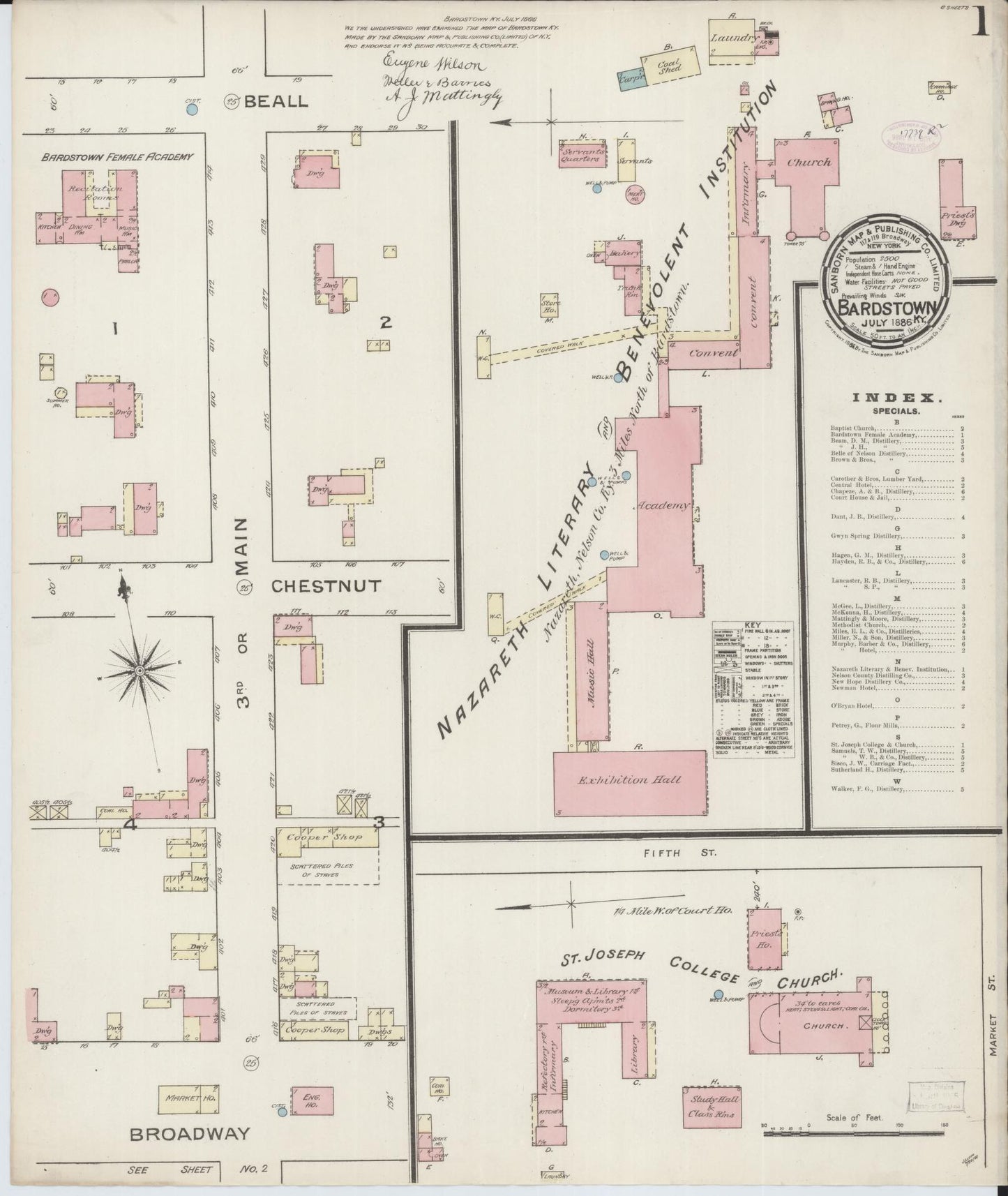 Sanborn Fire Insurance Map from Bardstown, Nelson County, Kentucky (1886), Sheet #0001 - Historic Sanborn Fire Insurance Map Print, vintage old map wall art, antique decor, genealogy gift, Kentucky Kentucky map