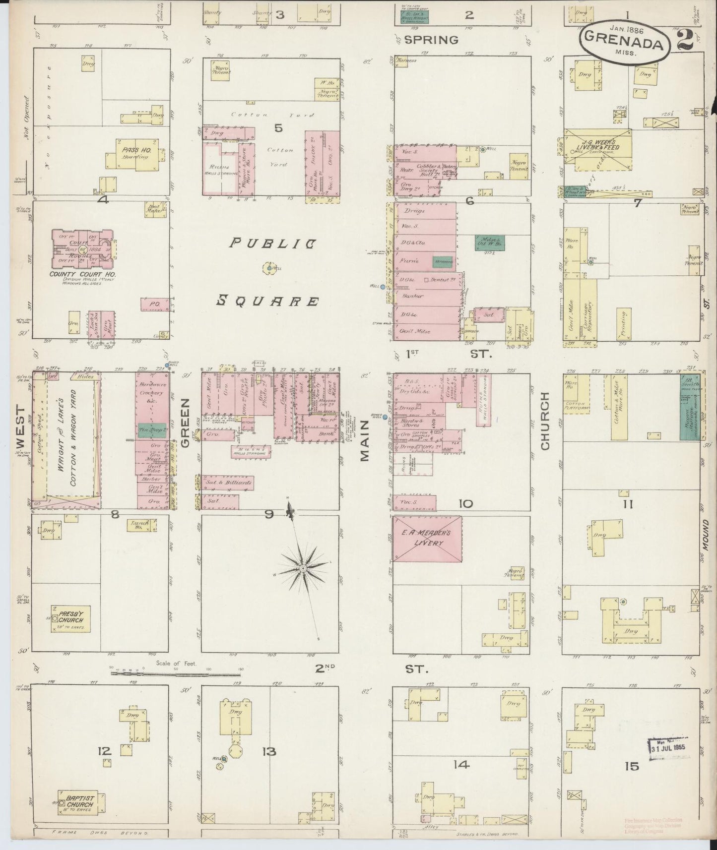 Sanborn Fire Insurance Map from Grenada, Grenada County, Mississippi (1886), Sheet #0002 - Historic Sanborn Fire Insurance Map Print, vintage old map wall art, antique decor, genealogy gift, Mississippi Mississippi map