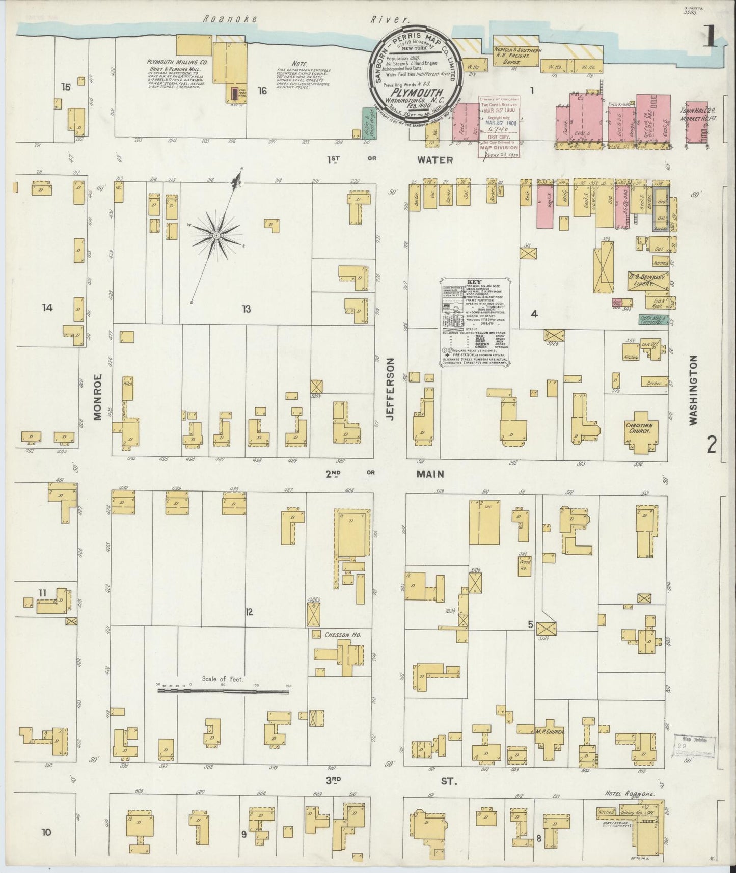 Sanborn Fire Insurance Map from Plymouth, Washington County, North Carolina (1900), Sheet #0001 - Historic Sanborn Fire Insurance Map Print, vintage old map wall art, antique decor, genealogy gift, North Carolina North Carolina map