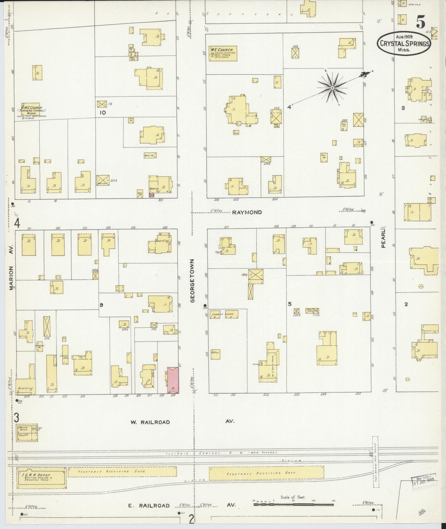 Sanborn Fire Insurance Map from Crystal Springs, Copiah County, Mississippi (1909), Sheet #0005 - Historic Sanborn Fire Insurance Map Print, vintage old map wall art, antique decor, genealogy gift, Mississippi Mississippi map