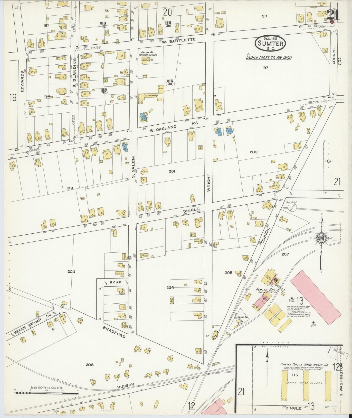 Sanborn Fire Insurance Map from Sumter, Sumter County, South Carolina (1915), Sheet #0021 - Historic Sanborn Fire Insurance Map Print, vintage old map wall art, antique decor, genealogy gift, South Carolina South Carolina map