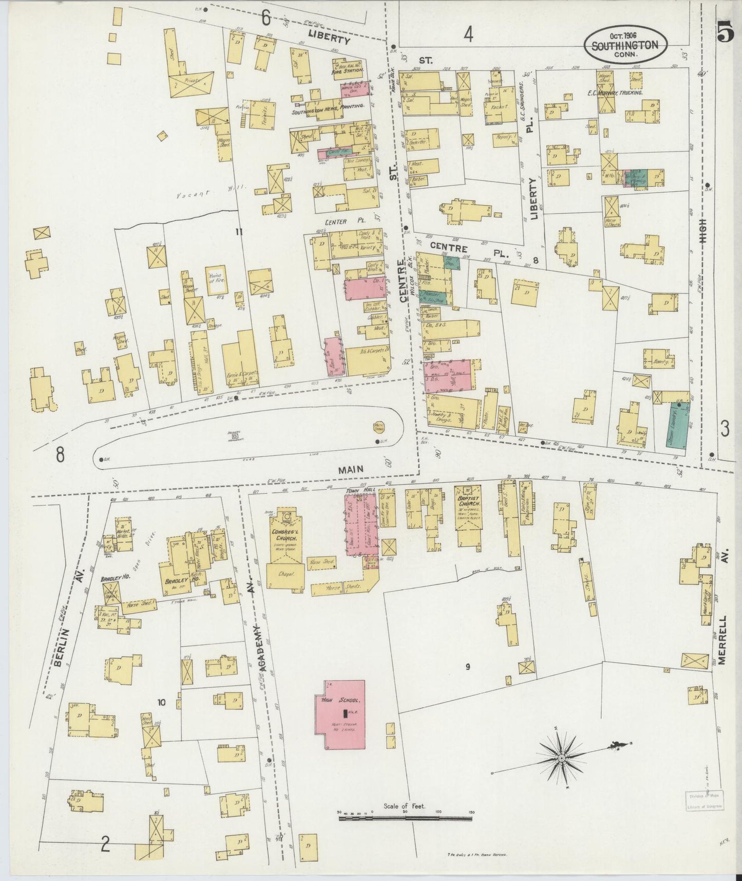 Sanborn Fire Insurance Map from Southington, Hartford County, Connecticut (1906), Sheet #0005 - Historic Sanborn Fire Insurance Map Print, vintage old map wall art, antique decor, genealogy gift, Connecticut Connecticut map