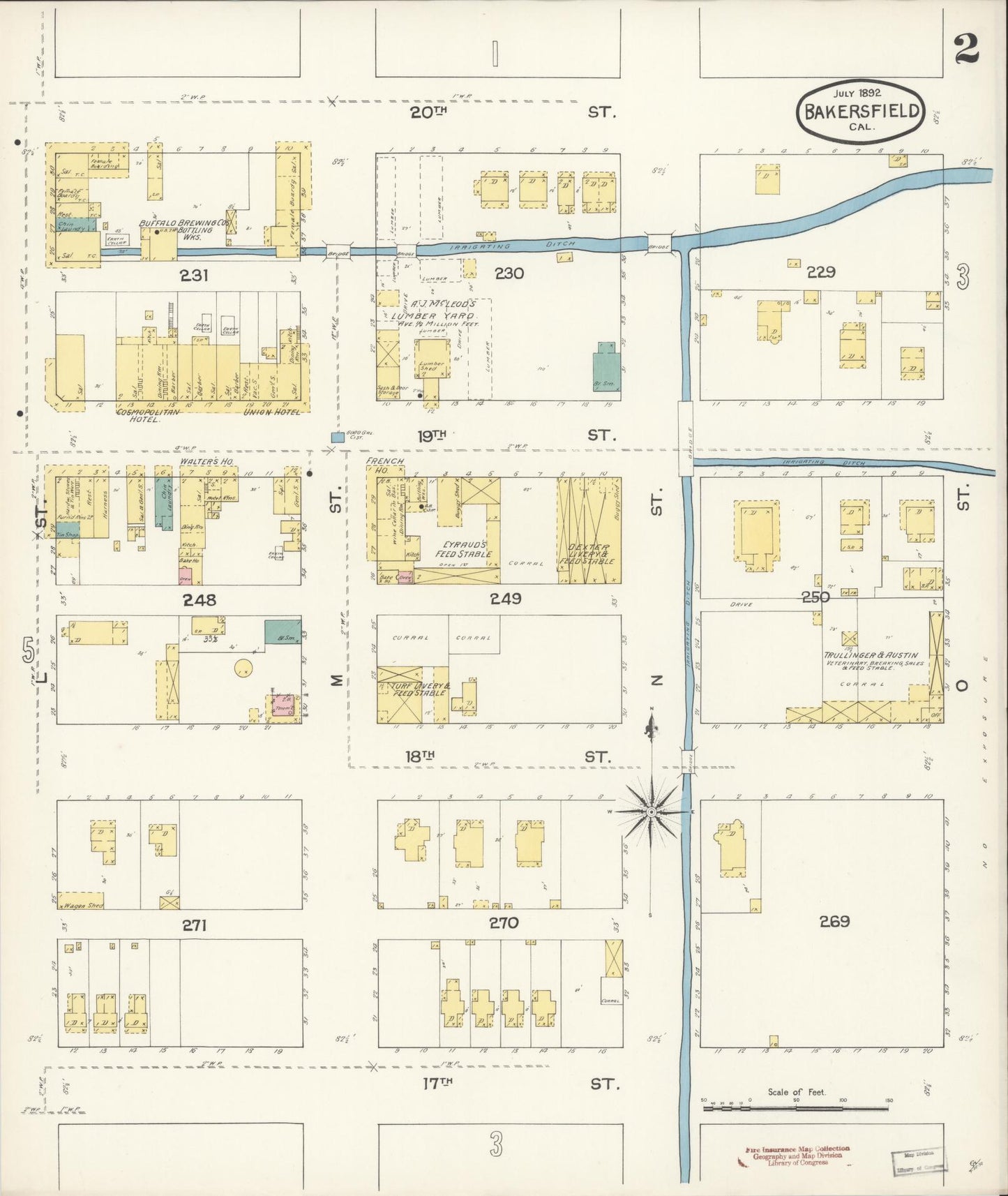 Sanborn Fire Insurance Map from Bakersfield, Kern County, California (1892), Sheet #0002 - Historic Sanborn Fire Insurance Map Print, vintage old map wall art, antique decor, genealogy gift, California California map