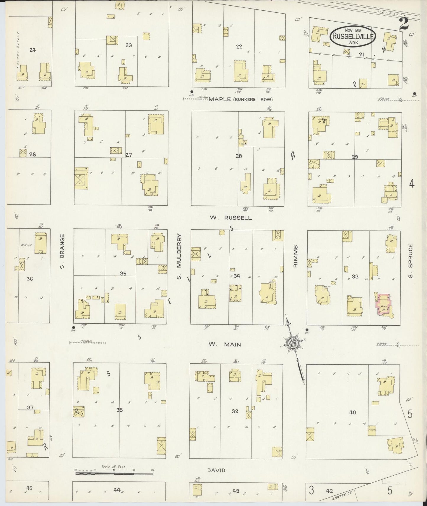 Sanborn Fire Insurance Map from Russellville, Pope County, Arkansas (1913), Sheet #0002 - Historic Sanborn Fire Insurance Map Print, vintage old map wall art, antique decor, genealogy gift, Arkansas Arkansas map