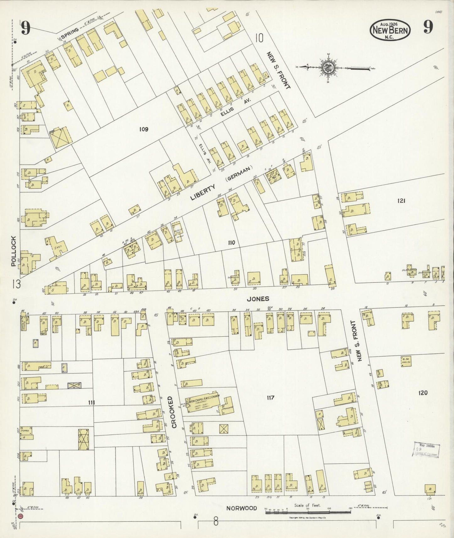 Sanborn Fire Insurance Map from New Bern, Craven County, North Carolina (1924), Sheet #0009 - Historic Sanborn Fire Insurance Map Print, vintage old map wall art, antique decor, genealogy gift, North Carolina North Carolina map