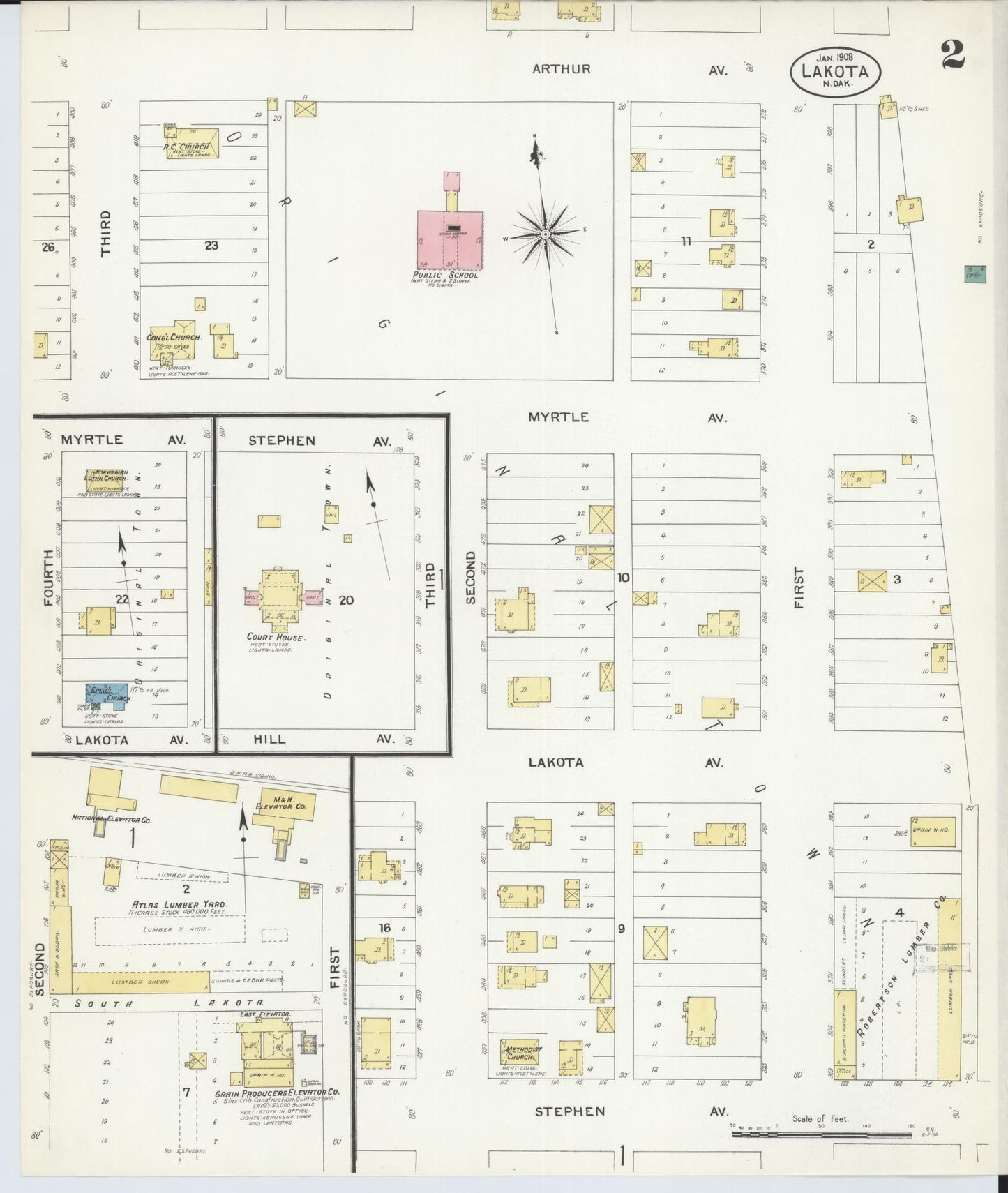 Sanborn Fire Insurance Map from Lakota, Nelson County, North Dakota (1908), Sheet #0002 - Complete Map Set gallery image, historic Sanborn map, vintage wall art, North Dakota North Dakota
