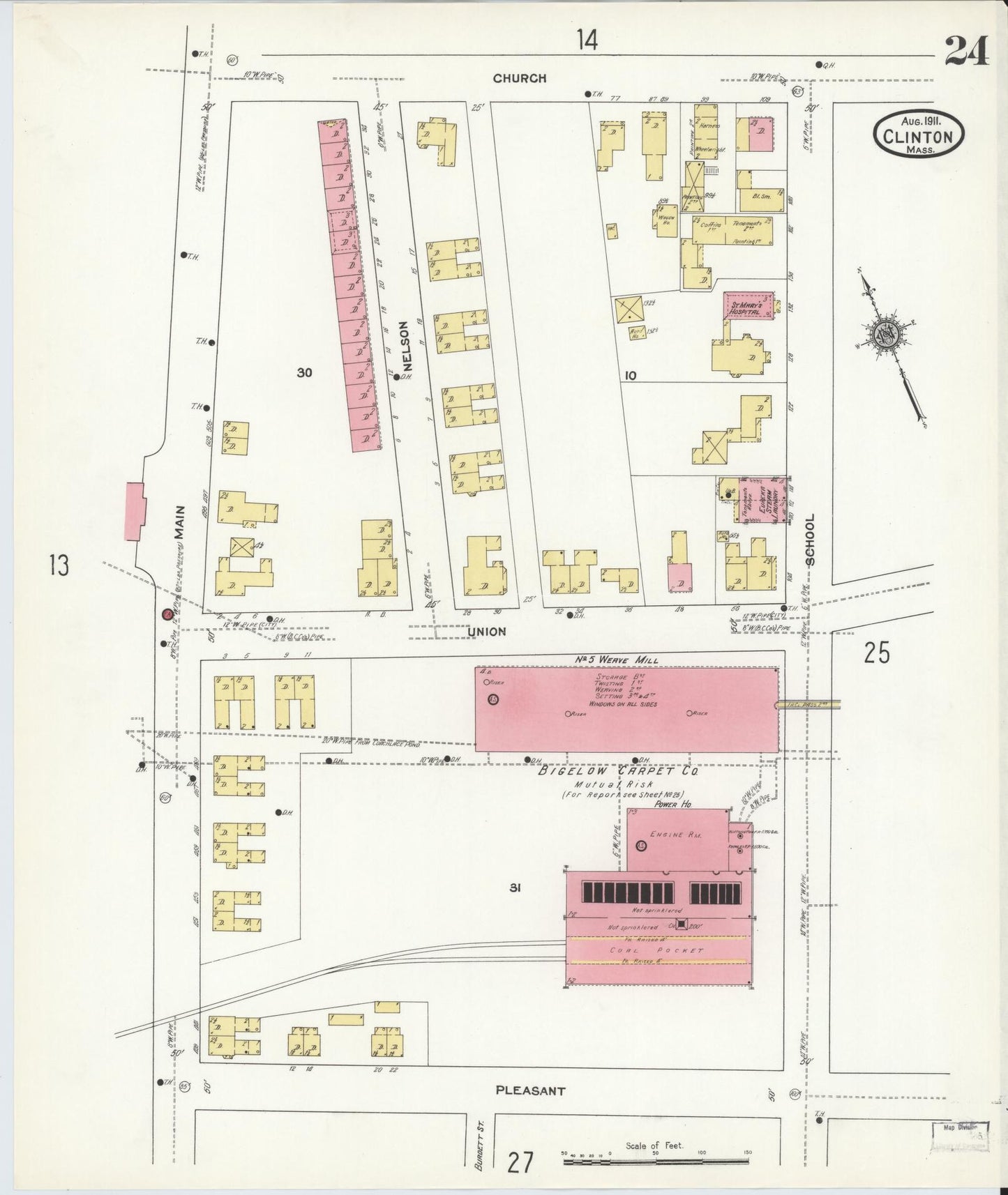 Sanborn Fire Insurance Map from Clinton, Worcester County, Massachusetts (1911), Sheet #0024 - Historic Sanborn Fire Insurance Map Print, vintage old map wall art, antique decor, genealogy gift, Massachusetts Massachusetts map