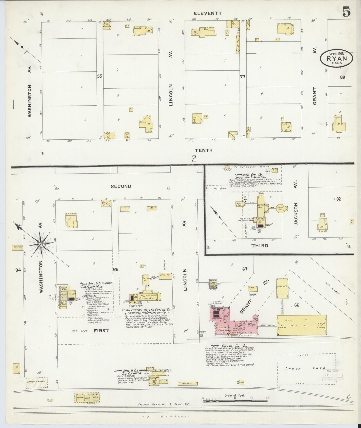 Sanborn Fire Insurance Map from Ryan, Jefferson County, Oklahoma (1908), Sheet #0005 - Complete Map Set gallery image, historic Sanborn map, vintage wall art, Oklahoma Oklahoma