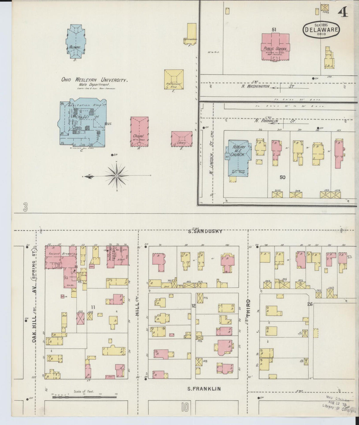 Sanborn Fire Insurance Map from Delaware, Delaware County, Ohio (1895), Sheet #0004 - Historic Sanborn Fire Insurance Map Print, vintage old map wall art, antique decor, genealogy gift, Sanborn Fire Insurance Map from Delaware Delaware map