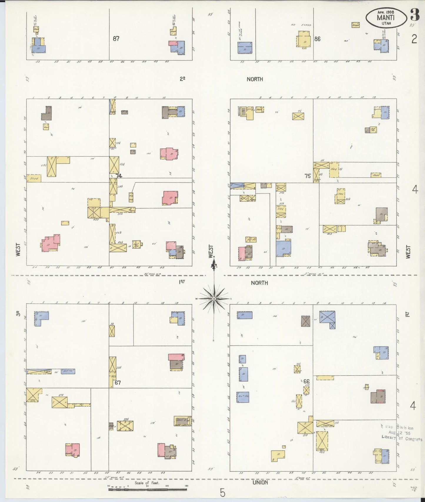 Sanborn Fire Insurance Map from Manti, Sanpete County, Utah (1908), Sheet #0003 - Historic Sanborn Fire Insurance Map Print, vintage old map wall art, antique decor, genealogy gift, Utah Utah map