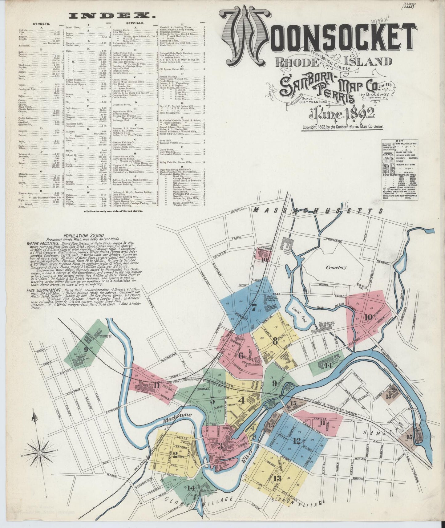 Sanborn Fire Insurance Map from Woonsocket, Providence County, Rhode Island. (1892) – Historic Sanborn Fire Insurance Map Print