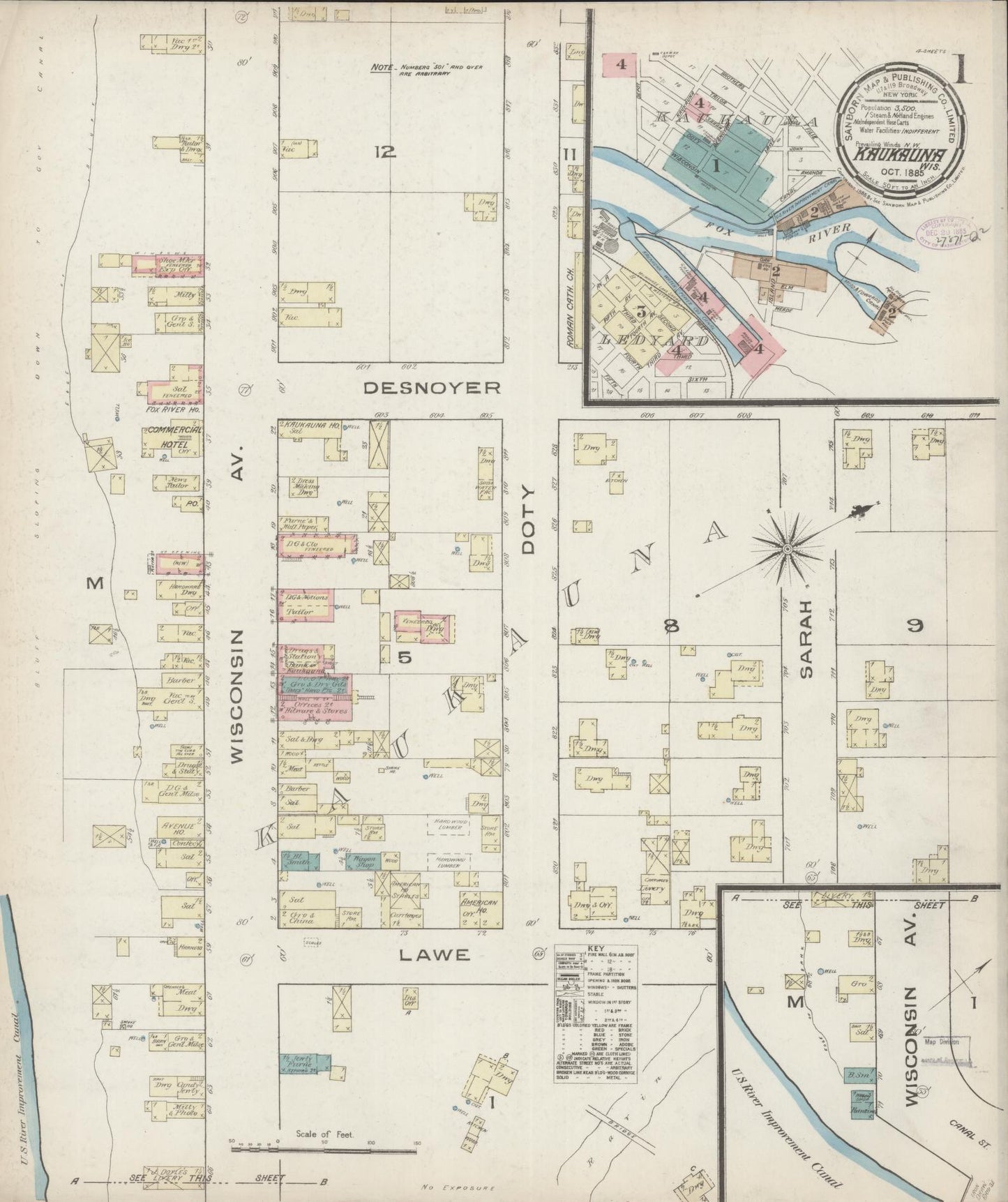 Sanborn Fire Insurance Map from Kaukauna, Outagamie County, Wisconsin (1885), Sheet #0001 - Historic Sanborn Fire Insurance Map Print, vintage old map wall art, antique decor, genealogy gift, Wisconsin Wisconsin map