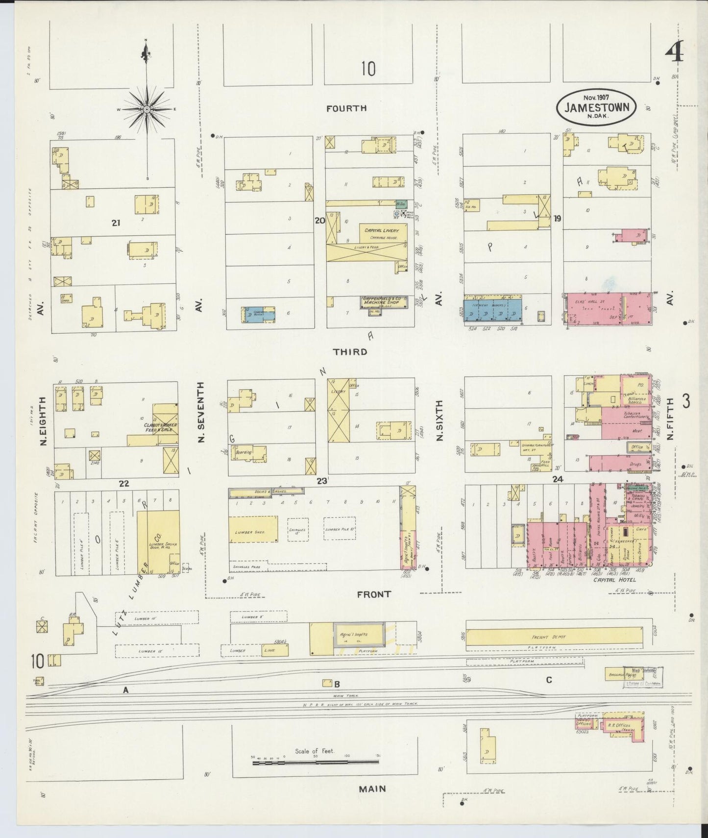 Sanborn Fire Insurance Map from Jamestown, Stutsman County, North Dakota (1907), Sheet #0004 - Historic Sanborn Fire Insurance Map Print, vintage old map wall art, antique decor, genealogy gift, North Dakota North Dakota map