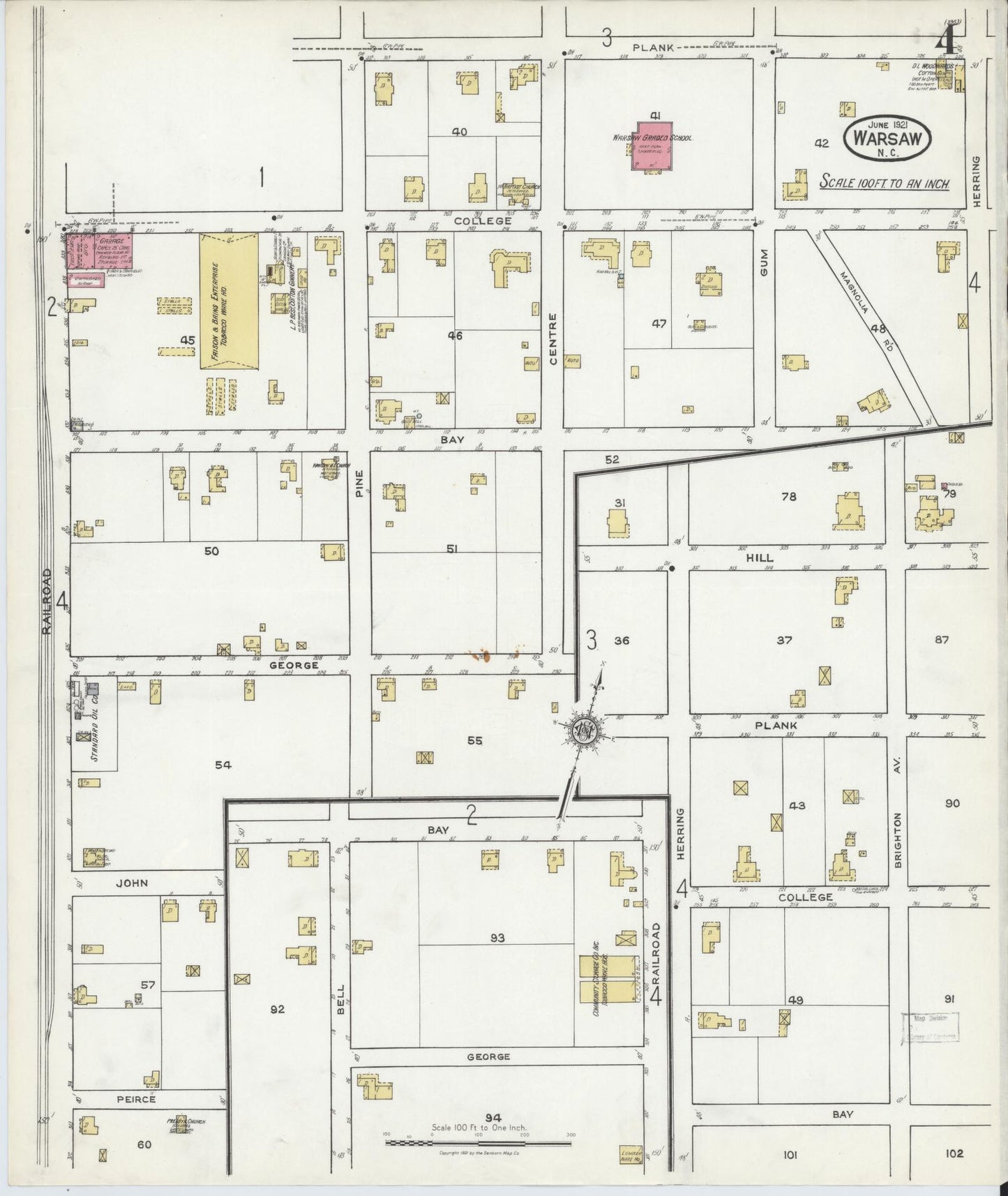 Sanborn Fire Insurance Map from Warsaw, Duplin County, North Carolina (1921), Sheet #0004 - Historic Sanborn Fire Insurance Map Print, vintage old map wall art, antique decor, genealogy gift, North Carolina North Carolina map