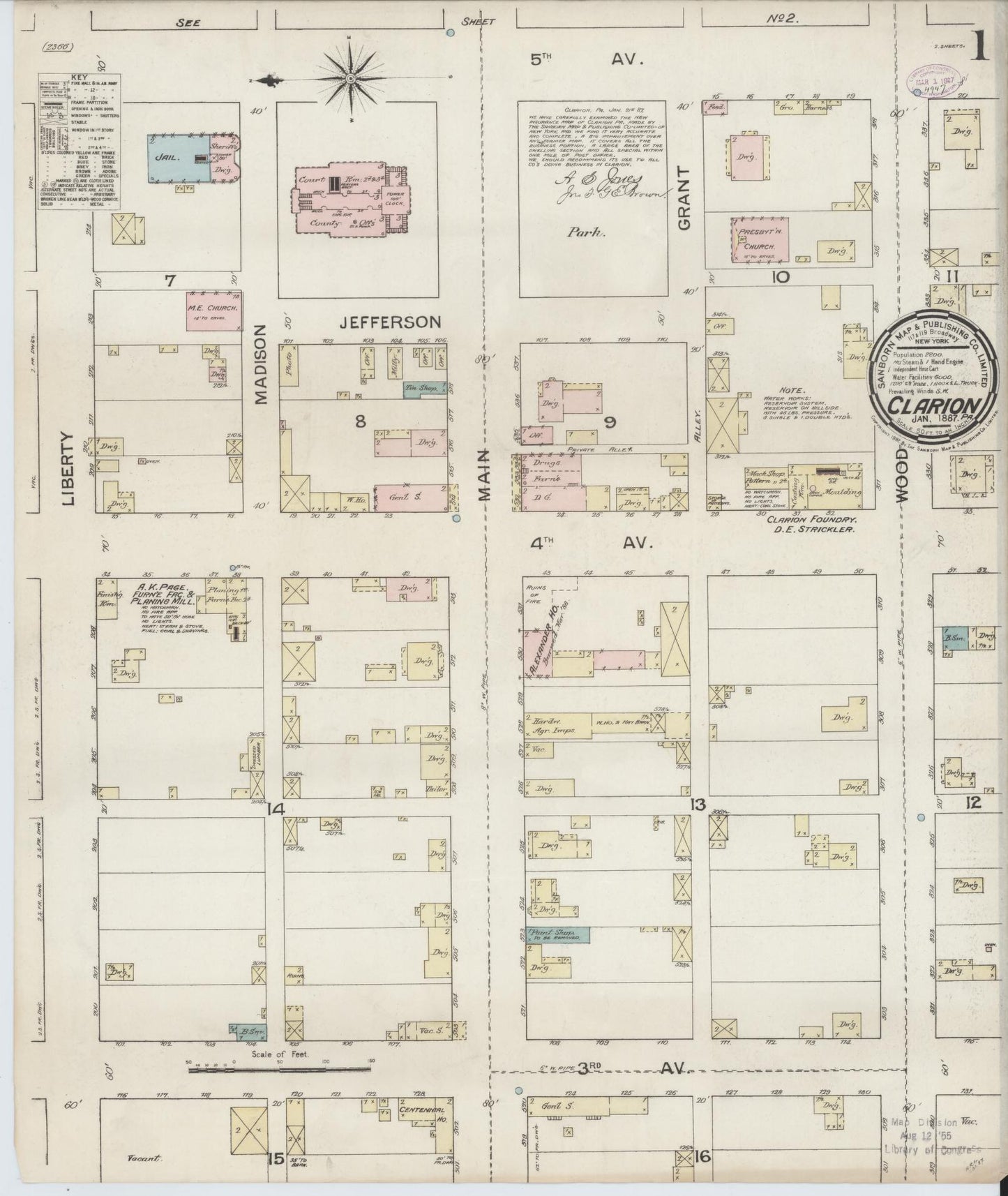 Sanborn Fire Insurance Map from Clarion, Clarion County, Pennsylvania (1887), Sheet #0001 - Historic Sanborn Fire Insurance Map Print, vintage old map wall art, antique decor, genealogy gift, Pennsylvania Pennsylvania map