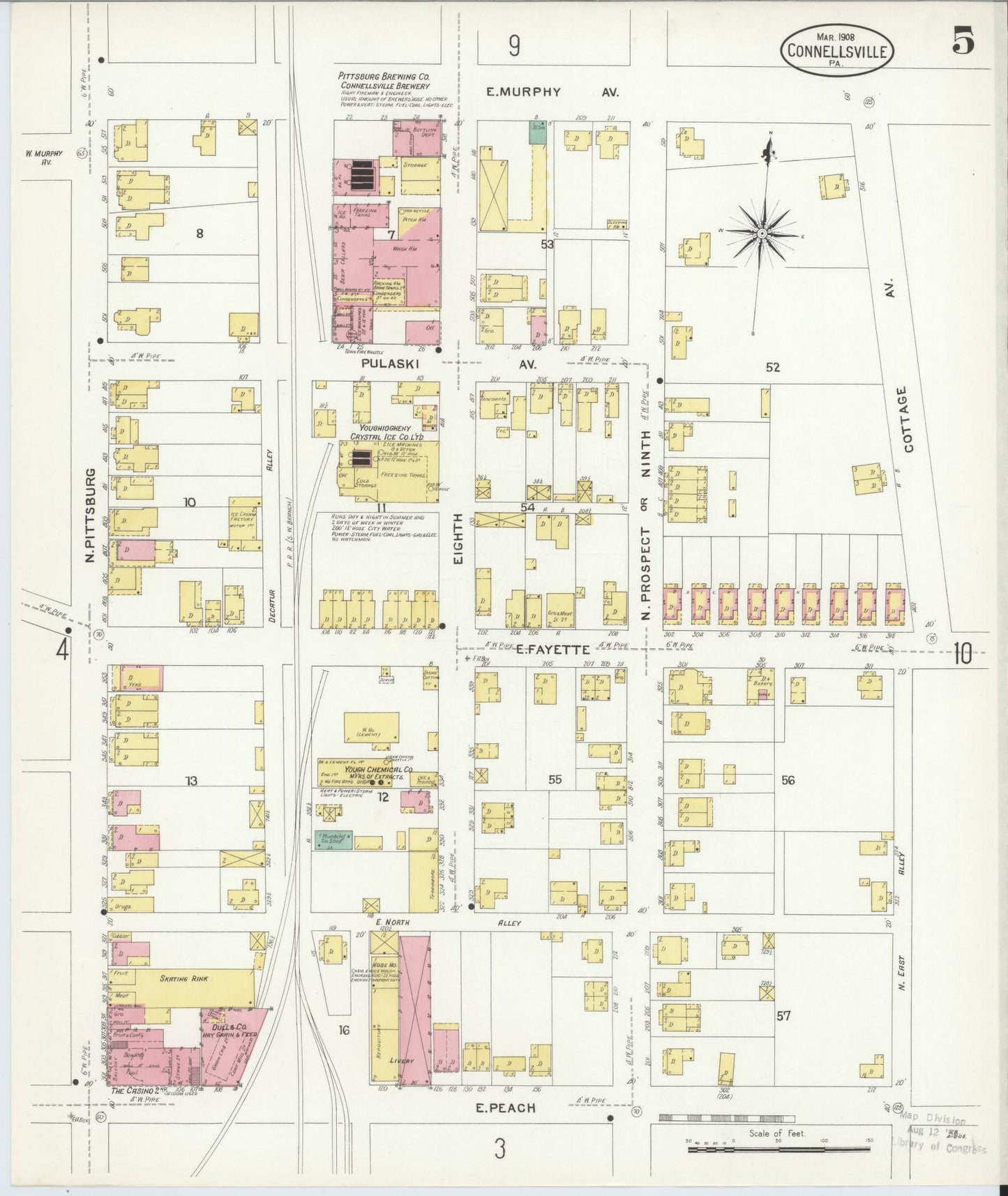 Sanborn Fire Insurance Map from Connellsville, Fayette County, Pennsylvania (1908), Sheet #0005 - Historic Sanborn Fire Insurance Map Print, vintage old map wall art, antique decor, genealogy gift, Pennsylvania Pennsylvania map