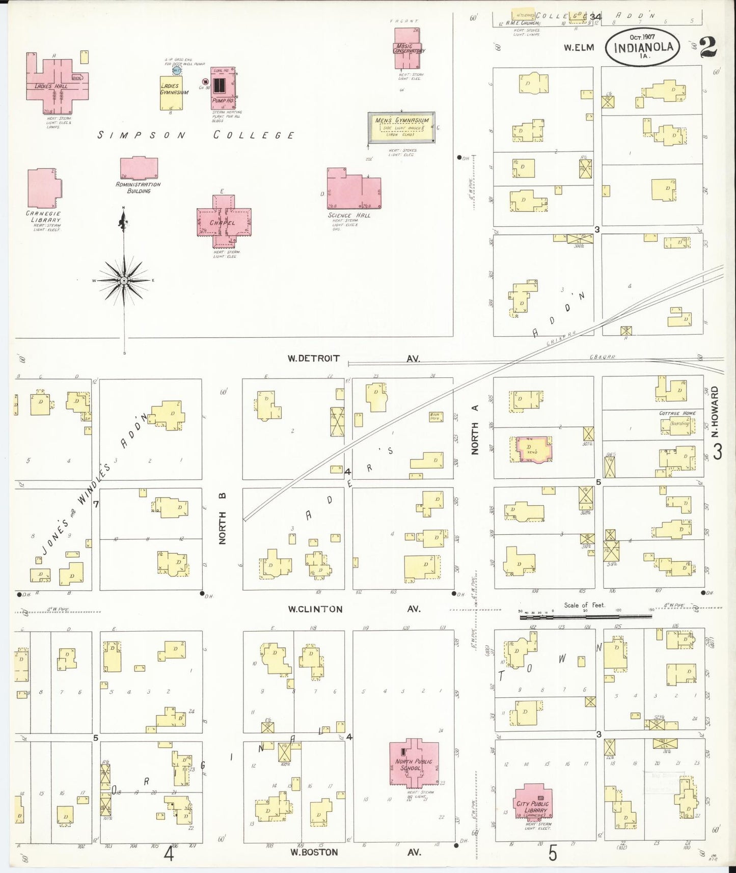 Sanborn Fire Insurance Map from Indianola, Warren County, Iowa (1907), Sheet #0002 - Historic Sanborn Fire Insurance Map Print, vintage old map wall art
