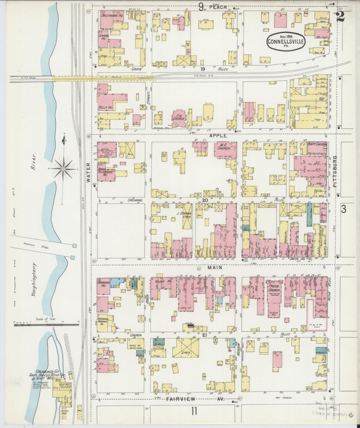 Sanborn Fire Insurance Map from Connellsville, Fayette County, Pennsylvania (1896), Sheet #0002 - Historic Sanborn Fire Insurance Map Print, vintage old map wall art, antique decor, genealogy gift, Pennsylvania Pennsylvania map