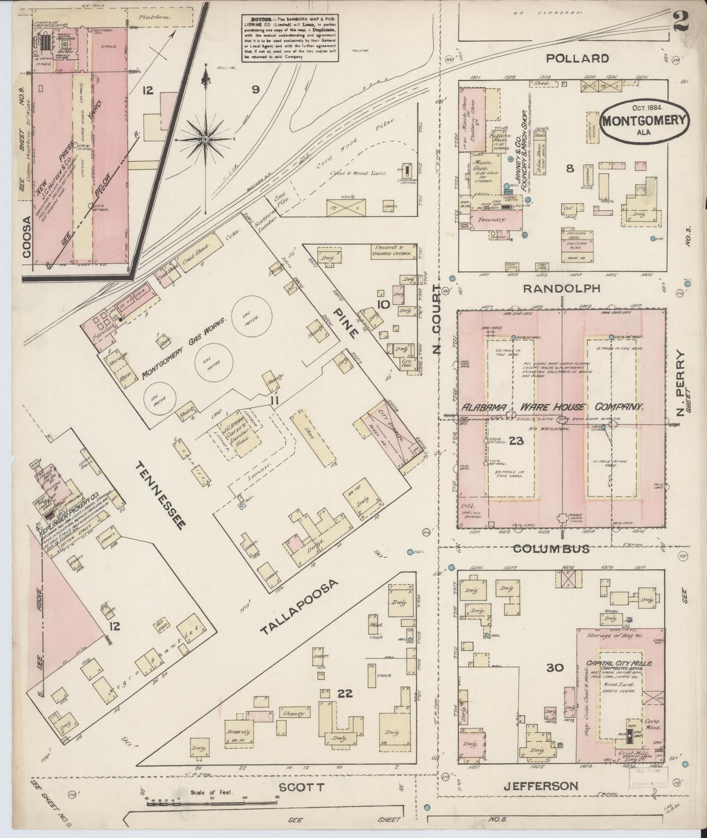 Sanborn Fire Insurance Map from Montgomery, Montgomery County, Alabama (1884), Sheet #0002 - Historic Sanborn Fire Insurance Map Print, vintage old map wall art, antique decor, genealogy gift, Alabama Alabama map