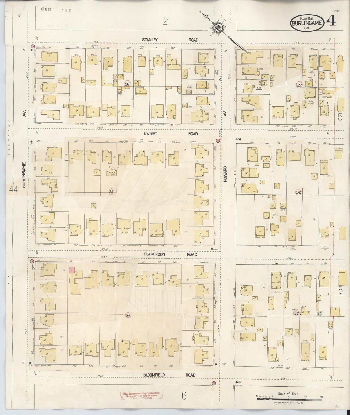 Sanborn Fire Insurance Map from Burlingame, San Mateo County, California (1949), Sheet #0004 - Historic Sanborn Fire Insurance Map Print, vintage old map wall art, antique decor, genealogy gift, California California map