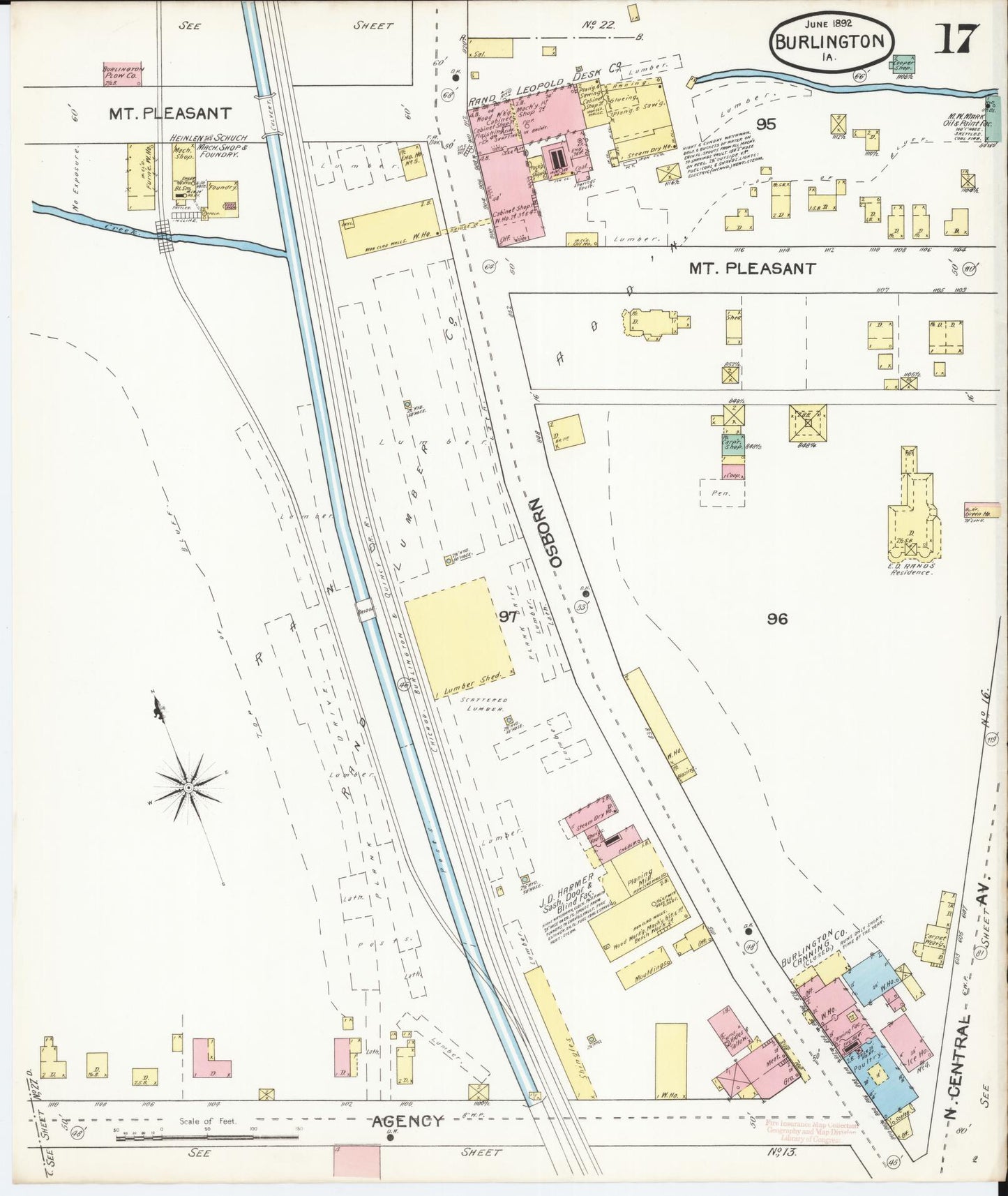Sanborn Fire Insurance Map from Burlington, Des Moines County, Iowa (1892), Sheet #0017 - Historic Sanborn Fire Insurance Map Print, vintage old map wall art