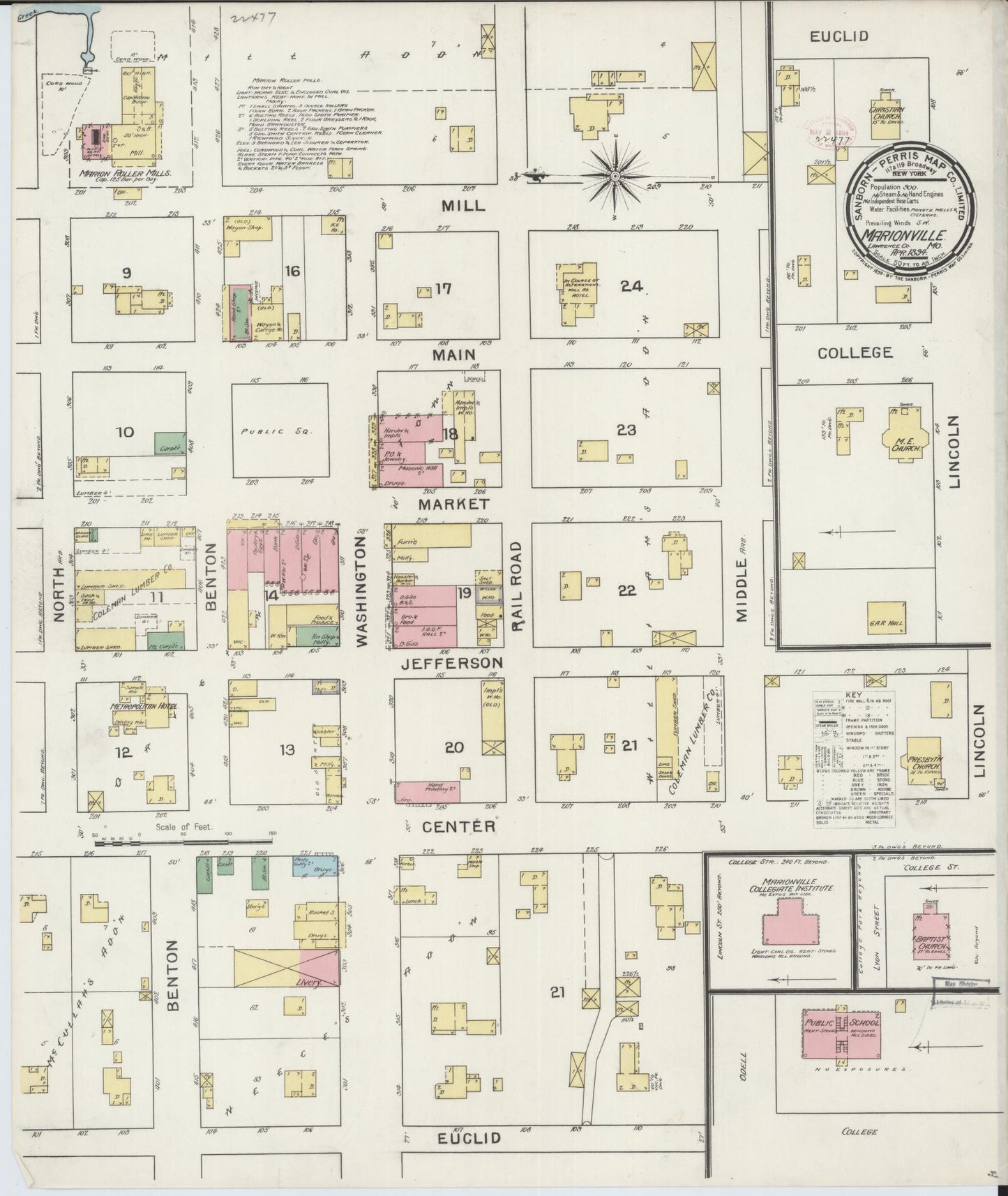 Sanborn Fire Insurance Map from Marionville, Lawrence County, Missouri (1894), Sheet #0001 - Historic Sanborn Fire Insurance Map Print, vintage old map wall art, antique decor, genealogy gift, Missouri Missouri map