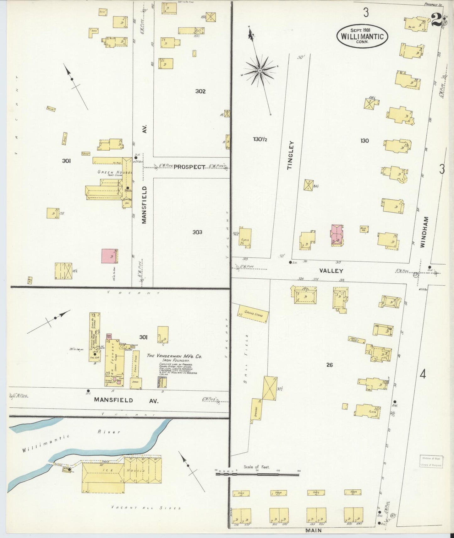 Sanborn Fire Insurance Map from Willimantic, Windham County, Connecticut (1908), Sheet #0002 - Historic Sanborn Fire Insurance Map Print, vintage old map wall art, antique decor, genealogy gift, Connecticut Connecticut map