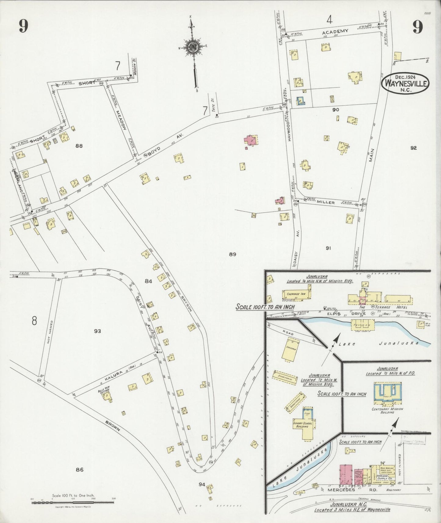Sanborn Fire Insurance Map from Waynesville, Haywood County, North Carolina (1924), Sheet #0009 - Historic Sanborn Fire Insurance Map Print, vintage old map wall art, antique decor, genealogy gift, North Carolina North Carolina map