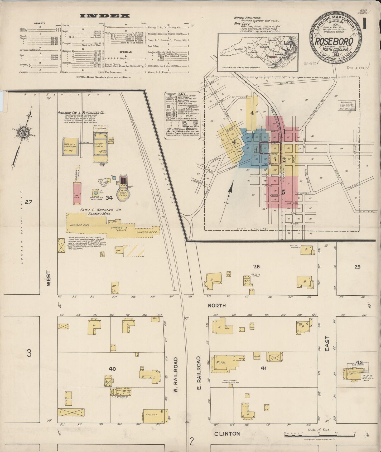 Sanborn Fire Insurance Map from Roseboro, Sampson County, North Carolina (1922), Sheet #0001 - Historic Sanborn Fire Insurance Map Print, vintage old map wall art, antique decor, genealogy gift, North Carolina North Carolina map
