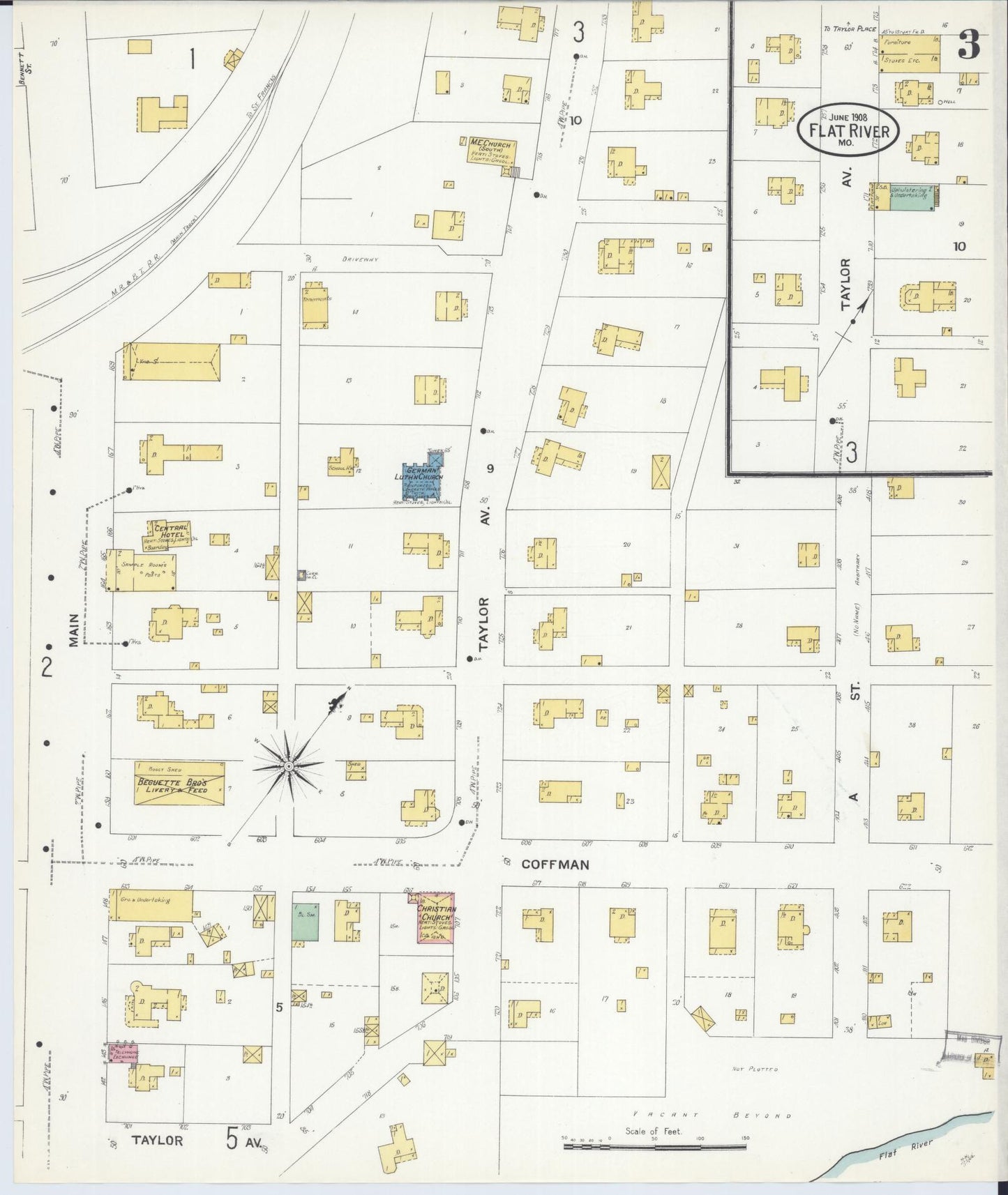 Sanborn Fire Insurance Map from Flat River, Saint Francois County, Missouri (1908), Sheet #0003 - Historic Sanborn Fire Insurance Map Print, vintage old map wall art, antique decor, genealogy gift, Missouri Missouri map