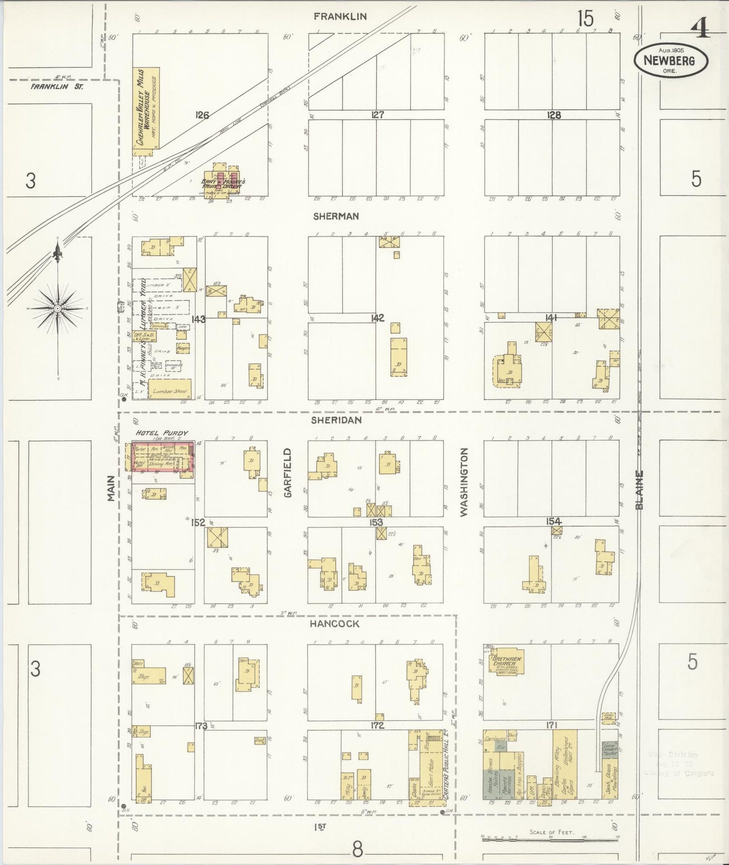 Sanborn Fire Insurance Map from Newberg, Yamhill County, Oregon (1905), Sheet #0004 - Historic Sanborn Fire Insurance Map Print, vintage old map wall art, antique decor, genealogy gift, Oregon Oregon map