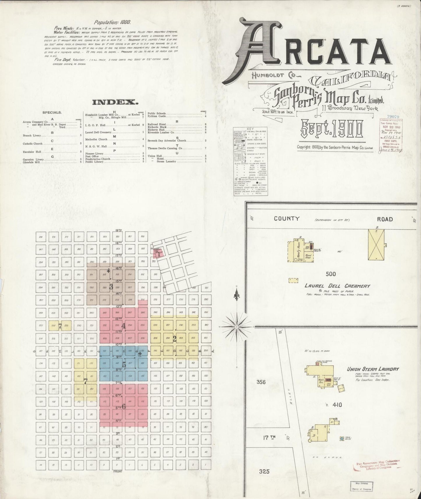 Sanborn Fire Insurance Map from Arcata, Humboldt County, California (1900), Sheet #0001 - Historic Sanborn Fire Insurance Map Print, vintage old map wall art, antique decor, genealogy gift, California California map