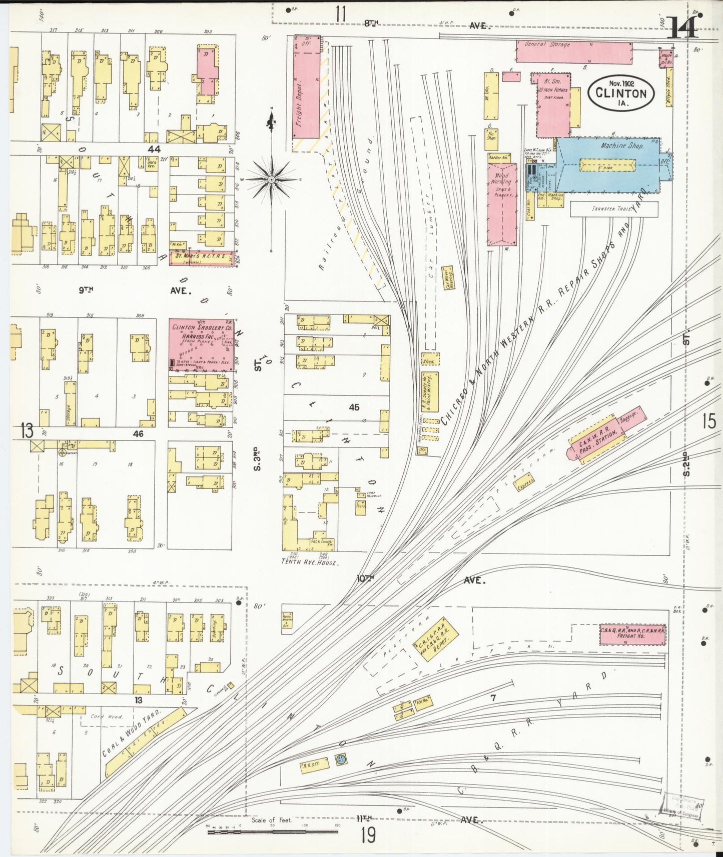 Sanborn Fire Insurance Map from Clinton, Clinton County, Iowa (1902), Sheet #0014 - Historic Sanborn Fire Insurance Map Print, vintage old map wall art