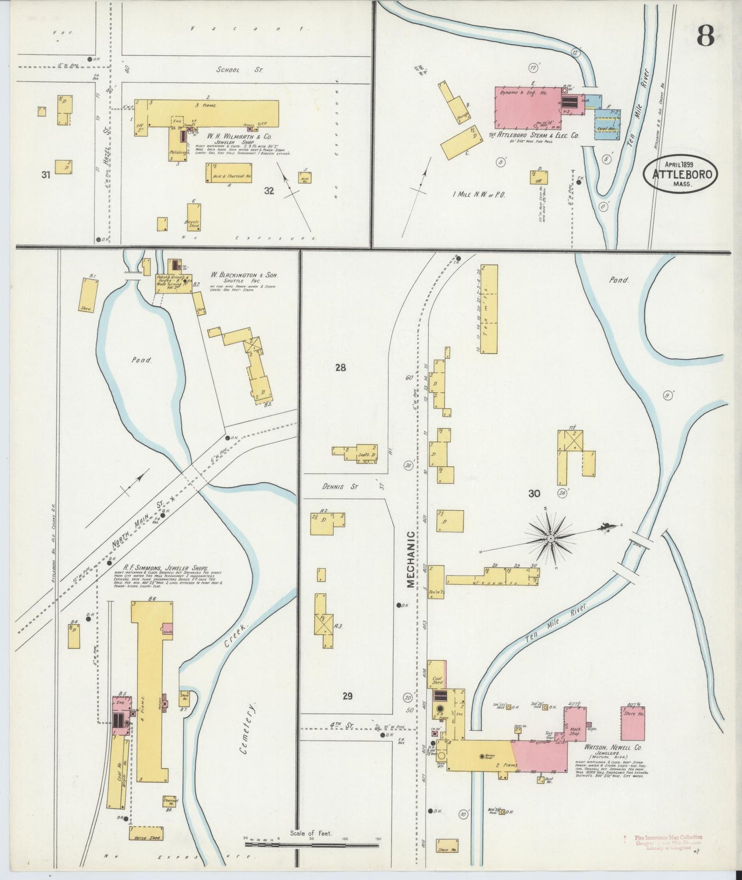 Sanborn Fire Insurance Map from Attleboro, Bristol County, Massachusetts (1899), Sheet #0008 - Historic Sanborn Fire Insurance Map Print, vintage old map wall art, antique decor, genealogy gift, Massachusetts Massachusetts map