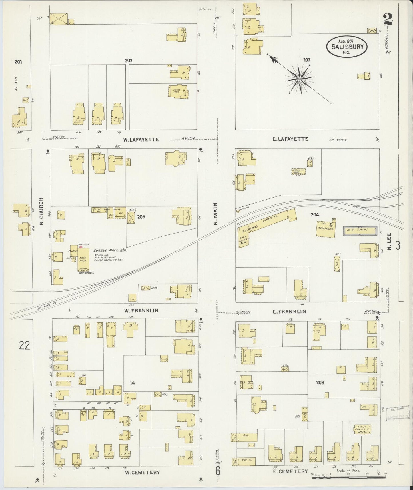 Sanborn Fire Insurance Map from Salisbury, Rowan County, North Carolina (1907), Sheet #0002 - Historic Sanborn Fire Insurance Map Print, vintage old map wall art, antique decor, genealogy gift, North Carolina North Carolina map