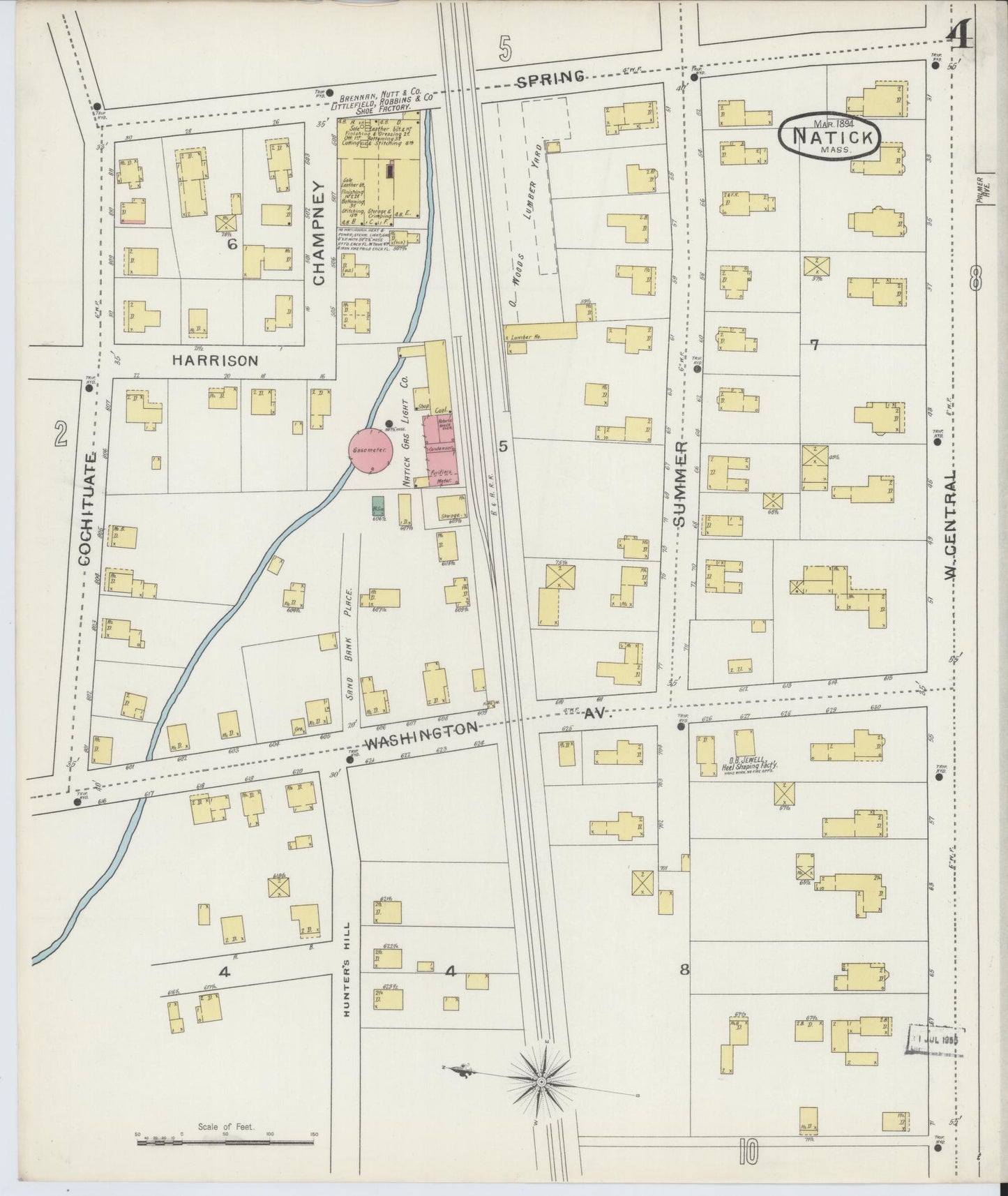 Sanborn Fire Insurance Map from Natick, Middlesex County, Massachusetts (1894), Sheet #0004 - Historic Sanborn Fire Insurance Map Print, vintage old map wall art, antique decor, genealogy gift, Massachusetts Massachusetts map