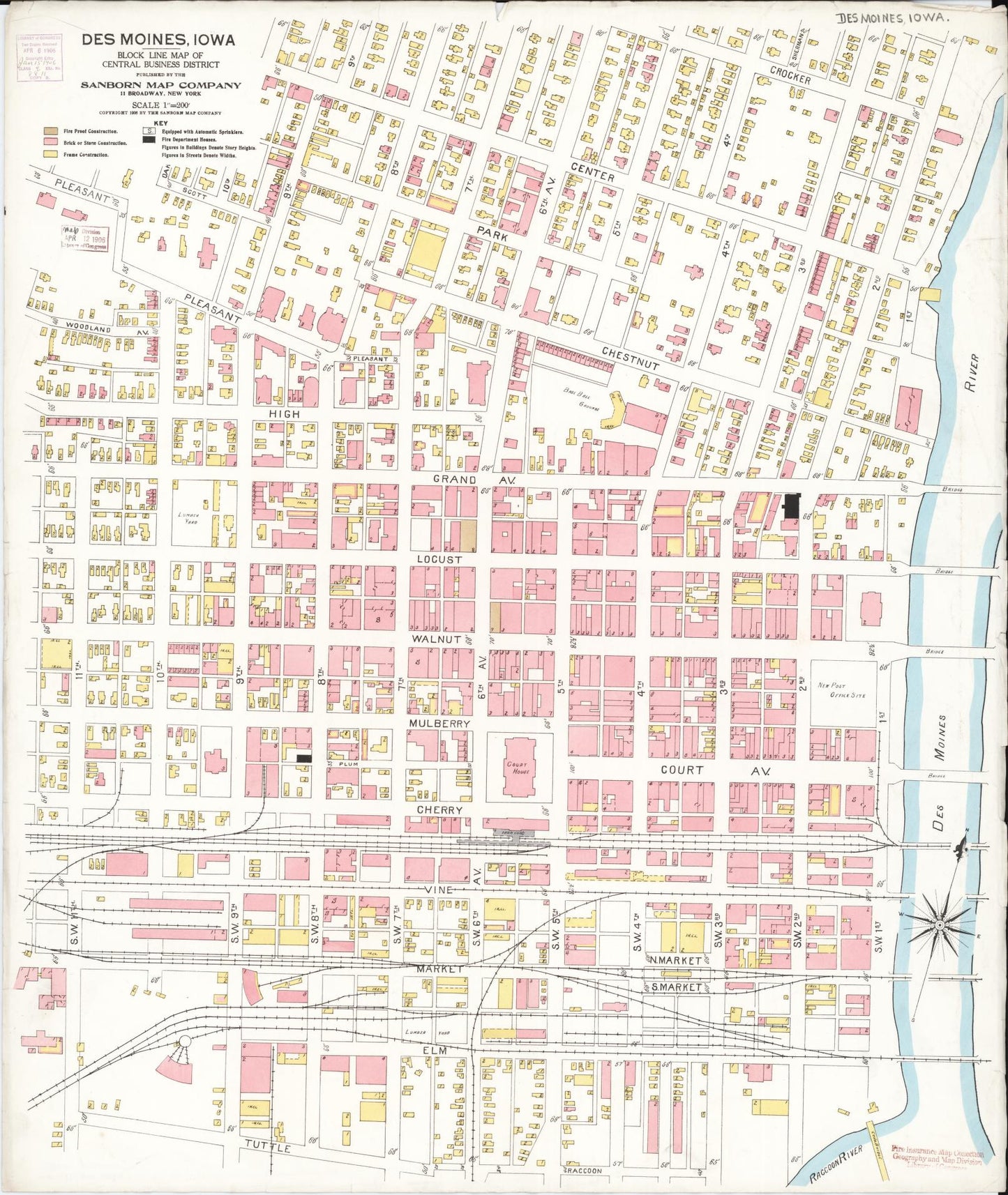 Sanborn Fire Insurance Map from Des Moines, Polk County, Iowa (1906), Sheet #0001 - Historic Sanborn Fire Insurance Map Print, vintage old map wall art