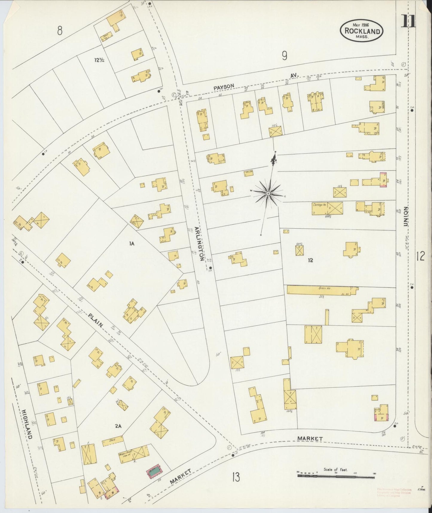 Sanborn Fire Insurance Map from Rockland, Plymouth County, Massachusetts (1906), Sheet #0011 - Historic Sanborn Fire Insurance Map Print, vintage old map wall art, antique decor, genealogy gift, Massachusetts Massachusetts map