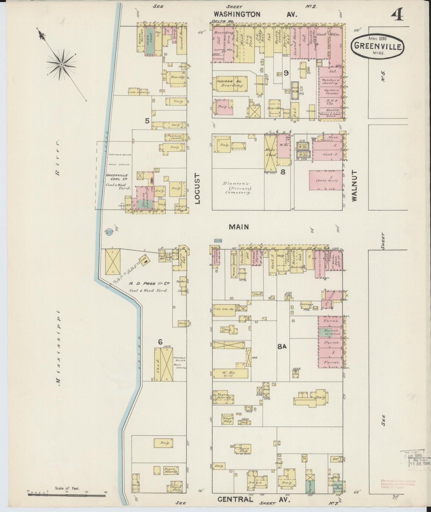 Sanborn Fire Insurance Map from Greenville, Washington County, Mississippi (1890), Sheet #0004 - Historic Sanborn Fire Insurance Map Print, vintage old map wall art, antique decor, genealogy gift, Mississippi Mississippi map