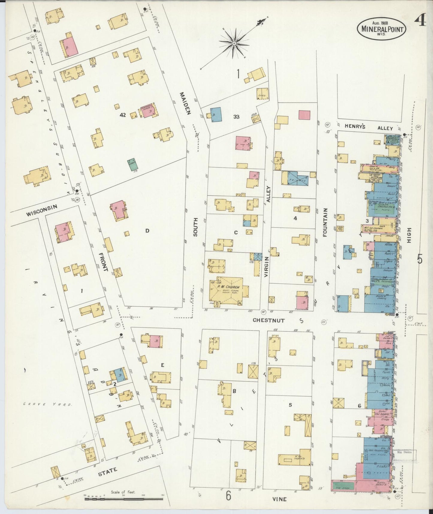 Sanborn Fire Insurance Map from Mineral Point, Iowa County, Wisconsin (1908), Sheet #0004 - Historic Sanborn Fire Insurance Map Print, vintage old map wall art, antique decor, genealogy gift, Wisconsin Wisconsin map