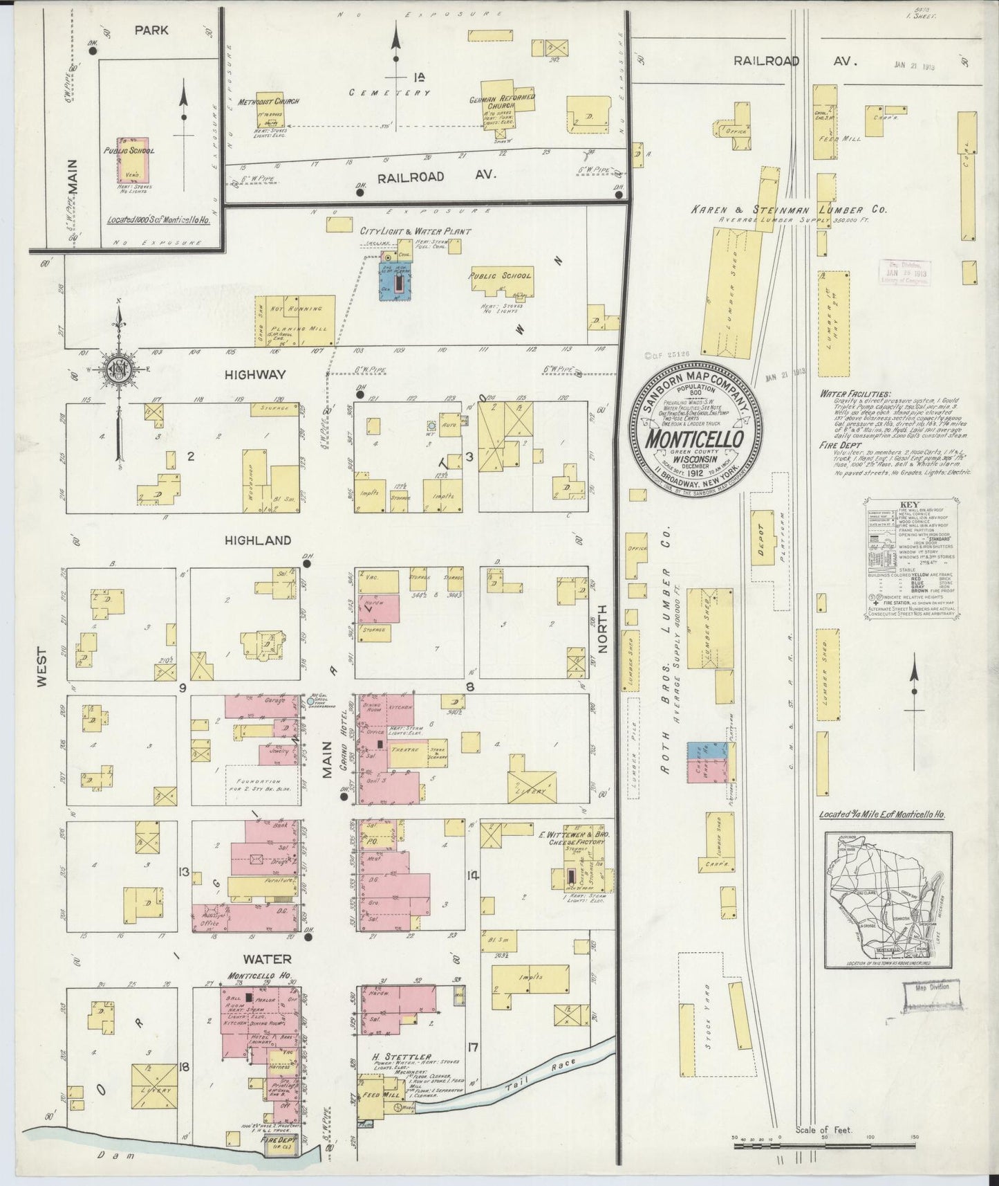 Sanborn Fire Insurance Map from Monticello, Green County, Wisconsin (1912), Sheet #0001 - Historic Sanborn Fire Insurance Map Print, vintage old map wall art, antique decor, genealogy gift, Wisconsin Wisconsin map
